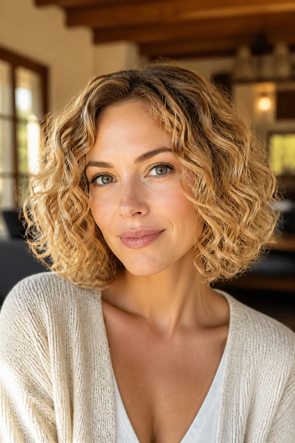 Close-up portrait of a woman with a golden curly bob in warm window light