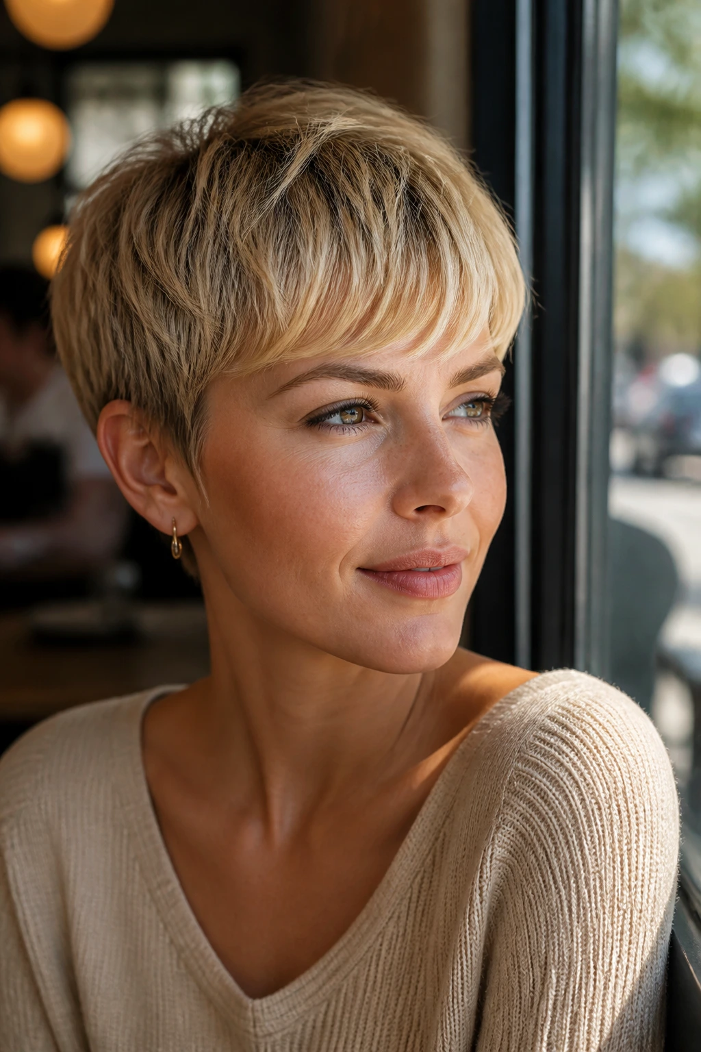 Close-up of a real person with a sandy base and golden fringe crop.