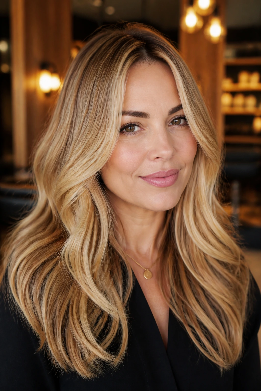 Close-up of golden glaze blonde hair on a real person with glossy finish