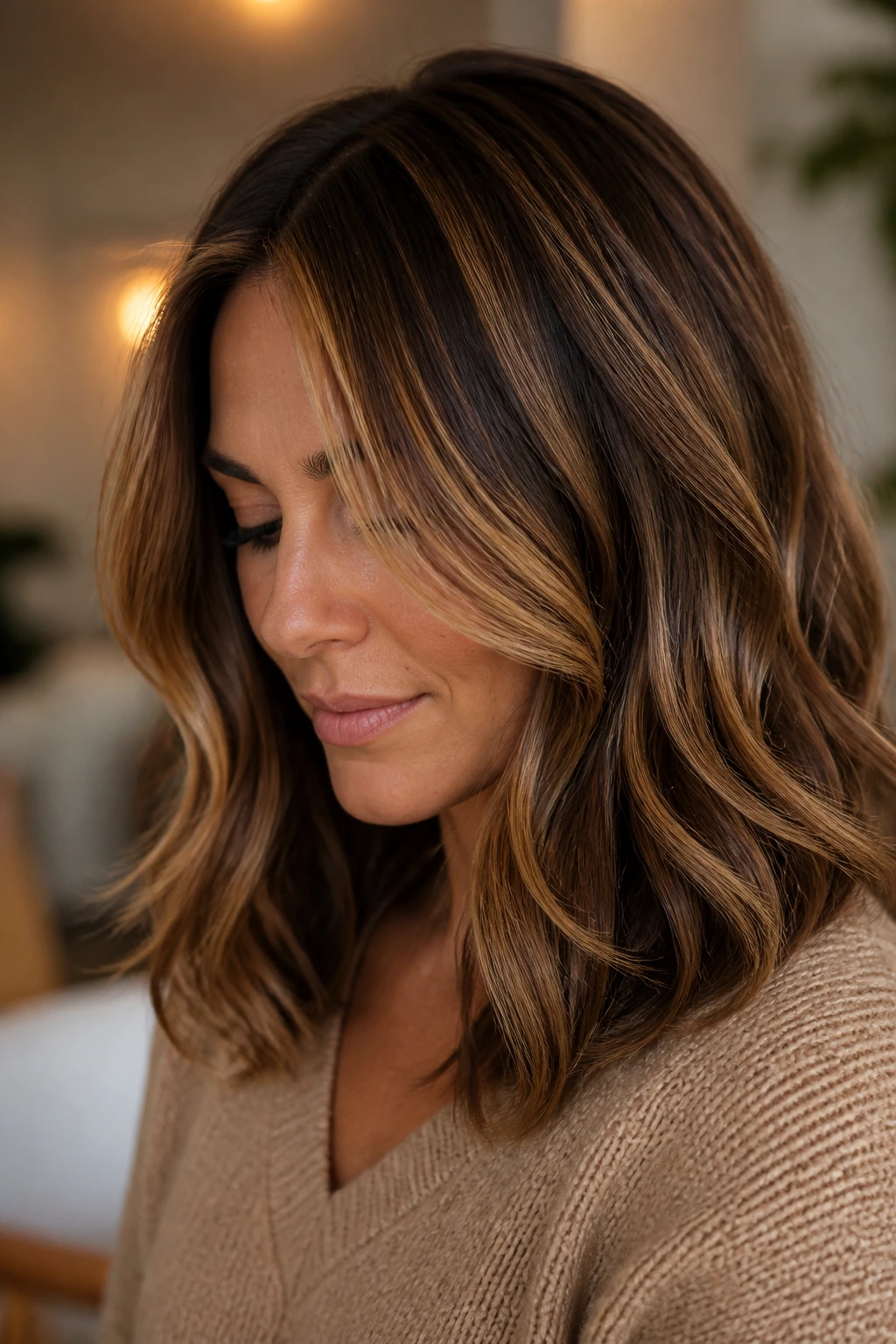 Brunette with golden glaze highlights close portrait