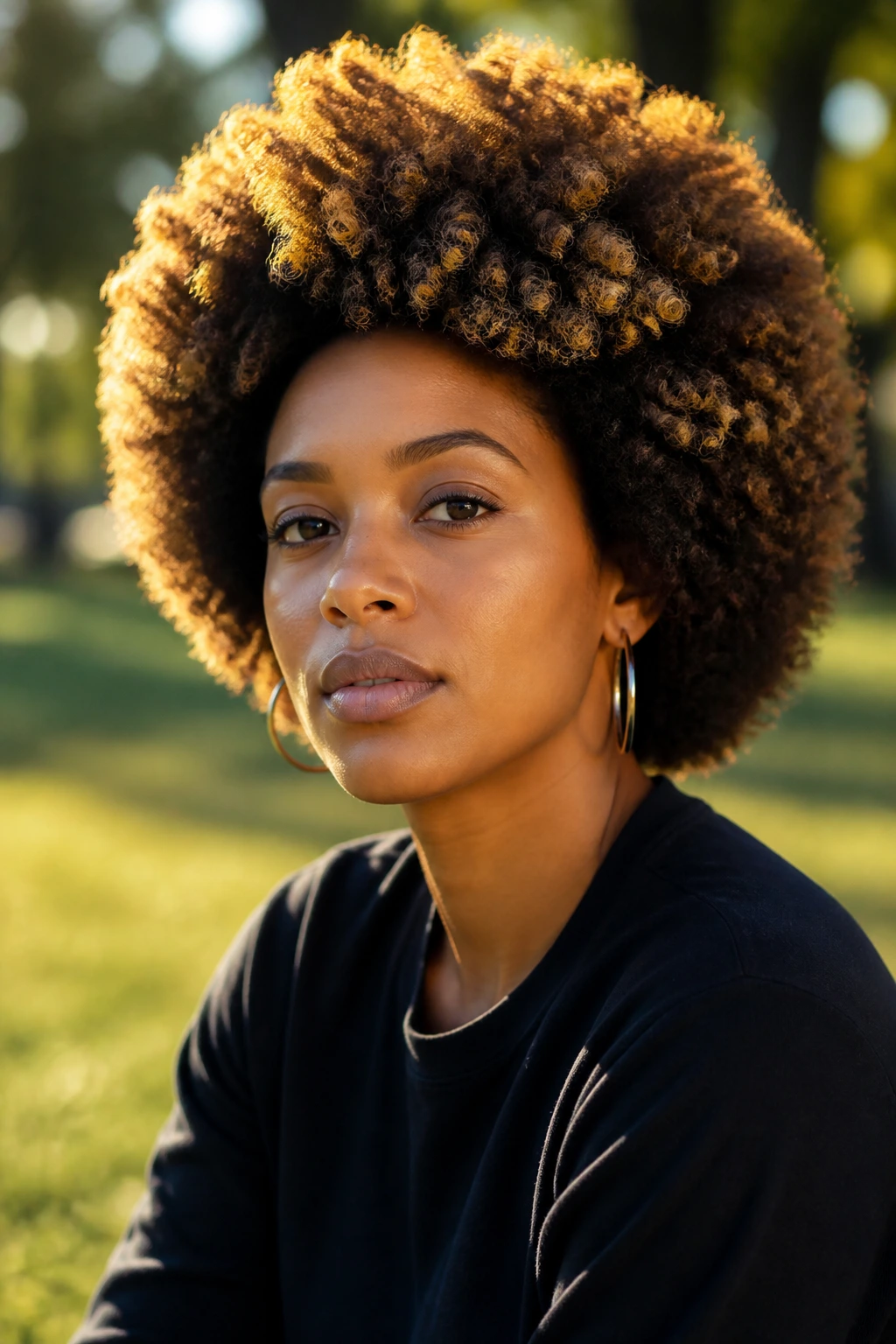 Close-up of a real woman with a rounded Afro featuring golden halo highlights around the crown.
