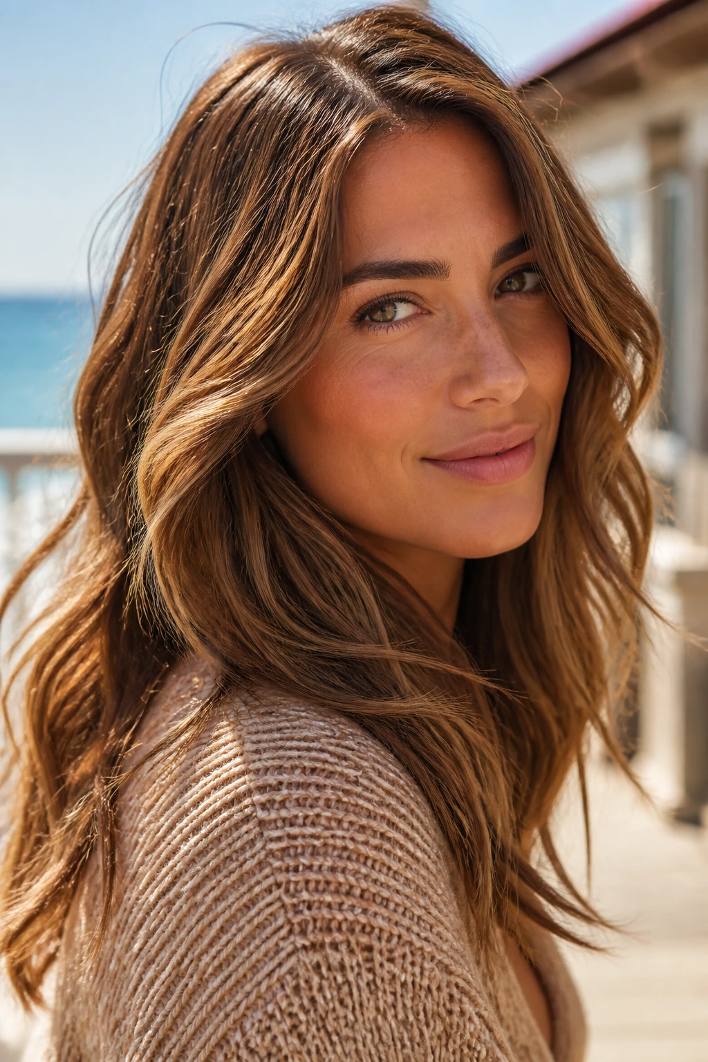 Portrait of a real woman with golden hazelnut brown hair in soft waves catching sunlight
