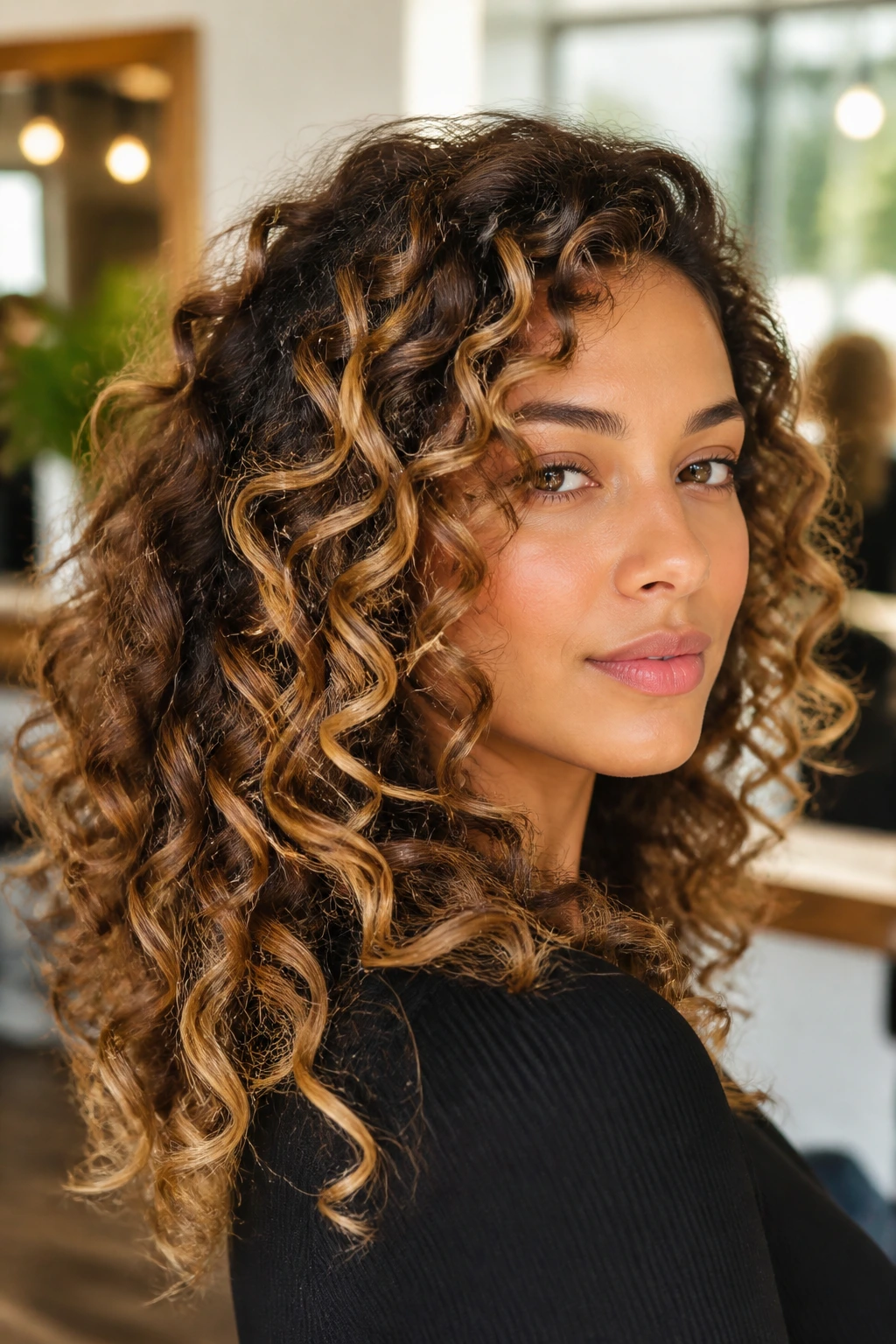 Close-up portrait of a real woman with golden honey balayage on curly hair showing curl-conscious placement.