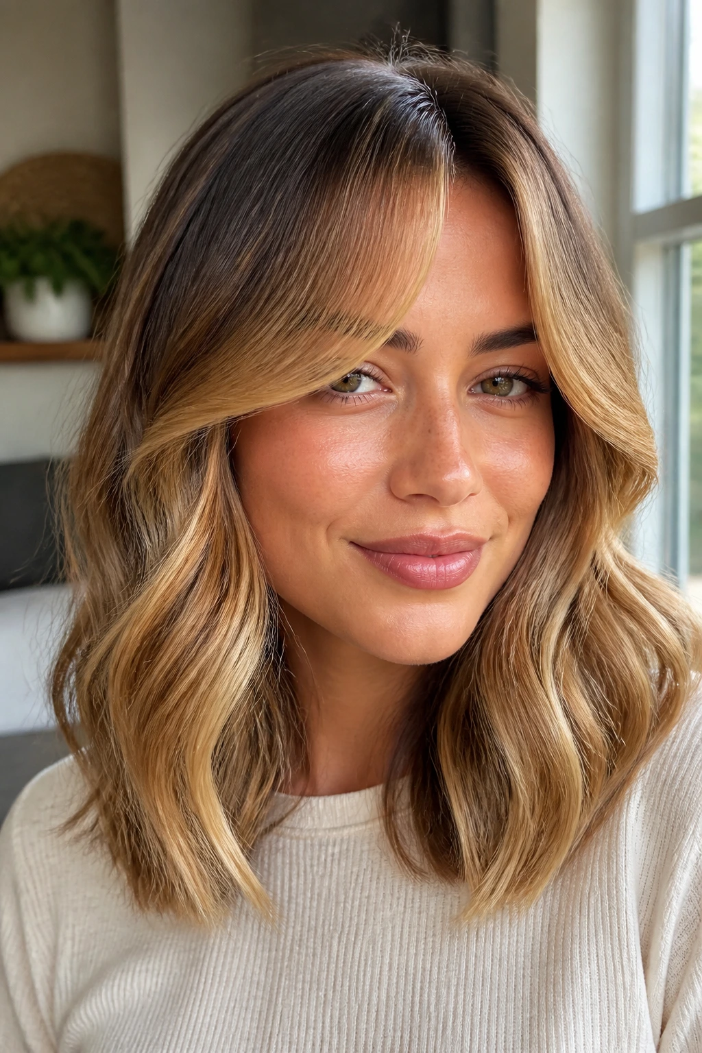 Real woman with curtain bangs and golden honey balayage