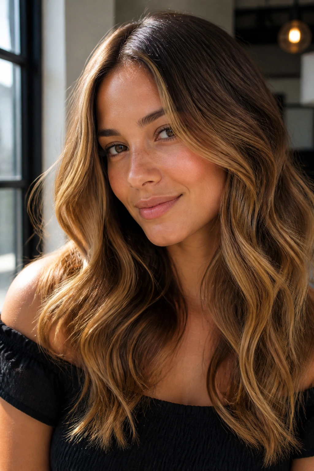 Close-up of a real woman with golden honey balayage and loose waves