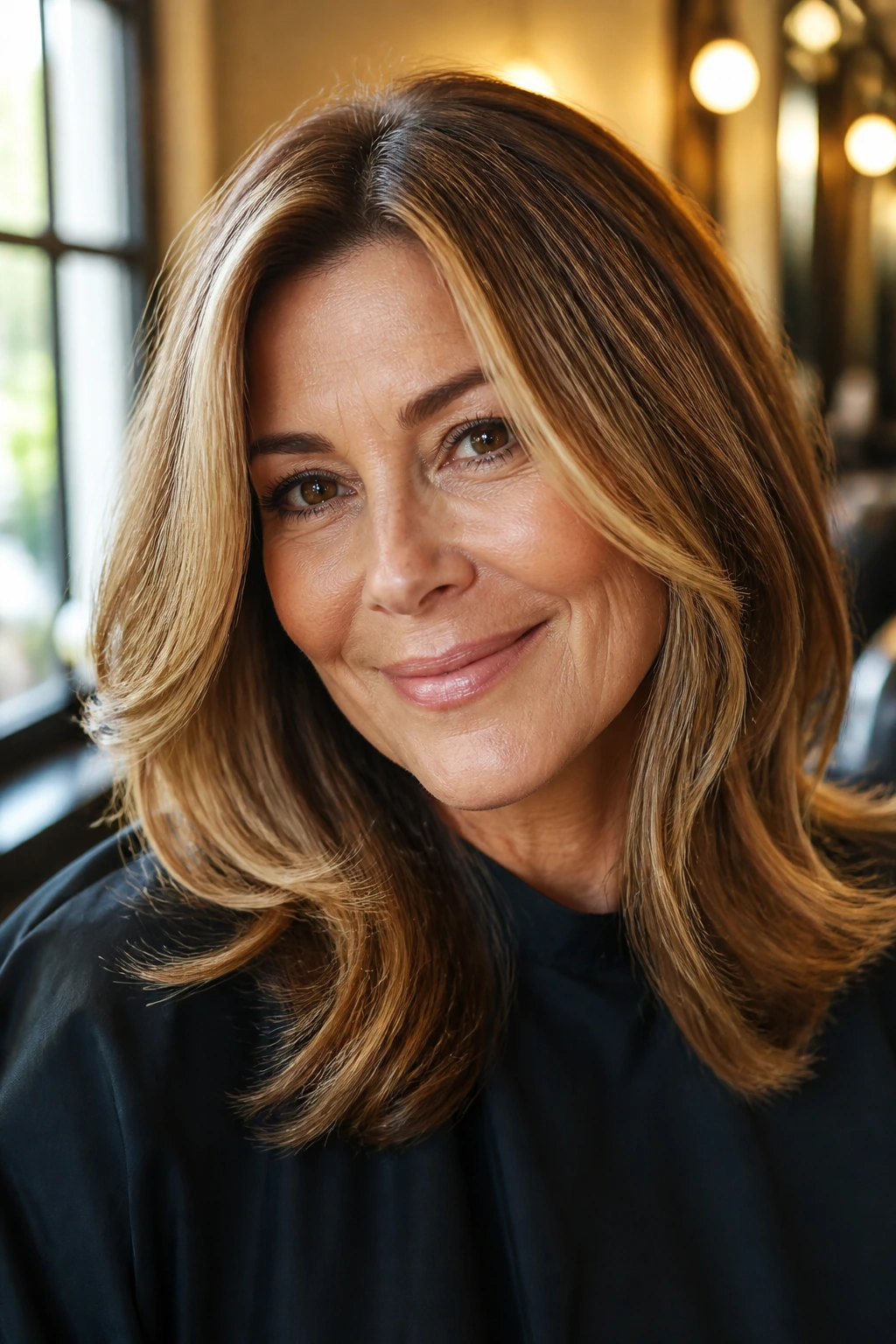 Close-up of a woman's hair with golden honey highlights around the face