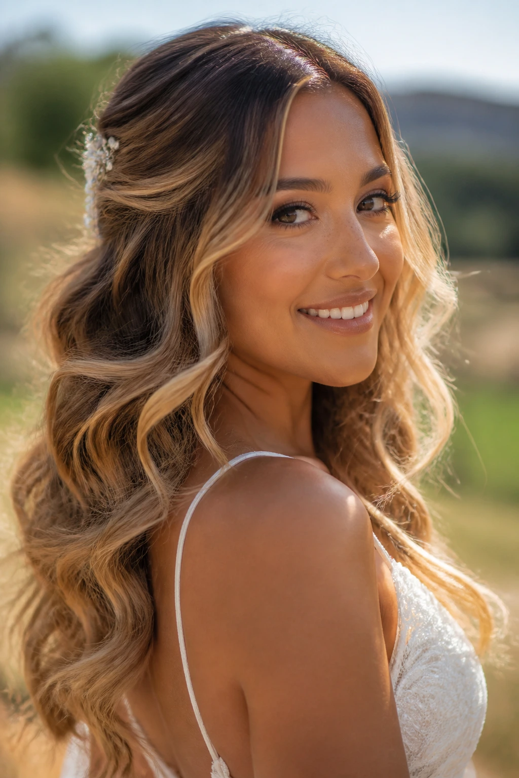 Bride with golden honey ombré in natural sunlight