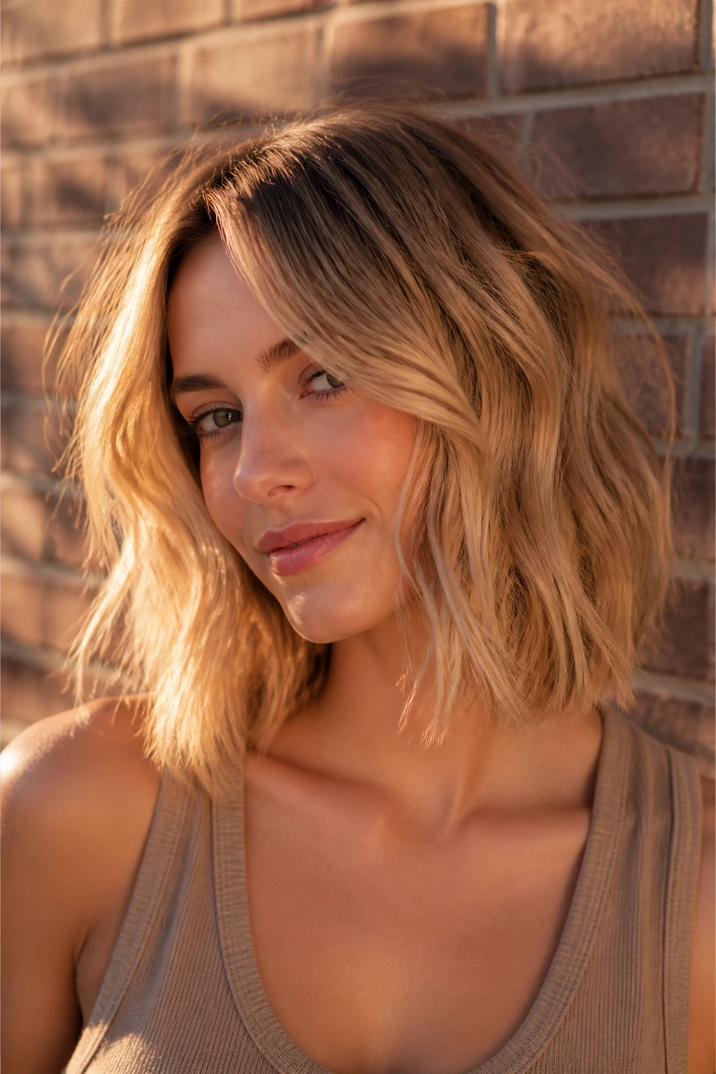 Portrait of a real person with golden hour blonde and choppy ends in warm outdoor light