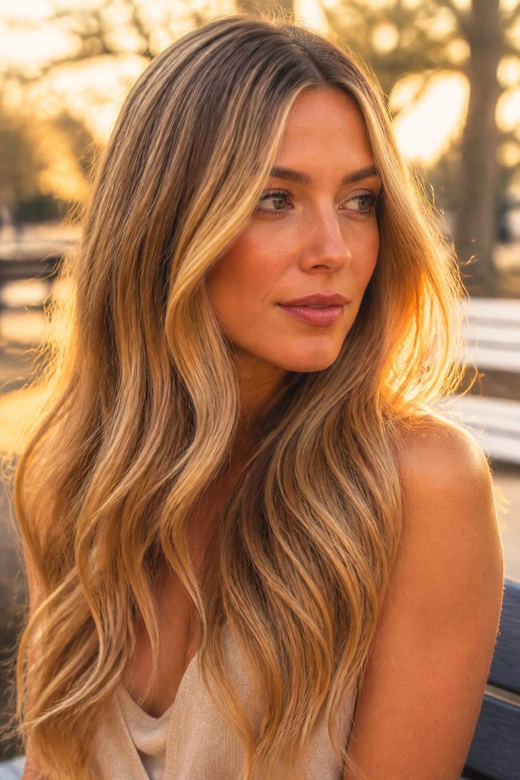 Medium close-up of a real person with Golden Hour Melt hair featuring beige root, gold mids, honey ends.