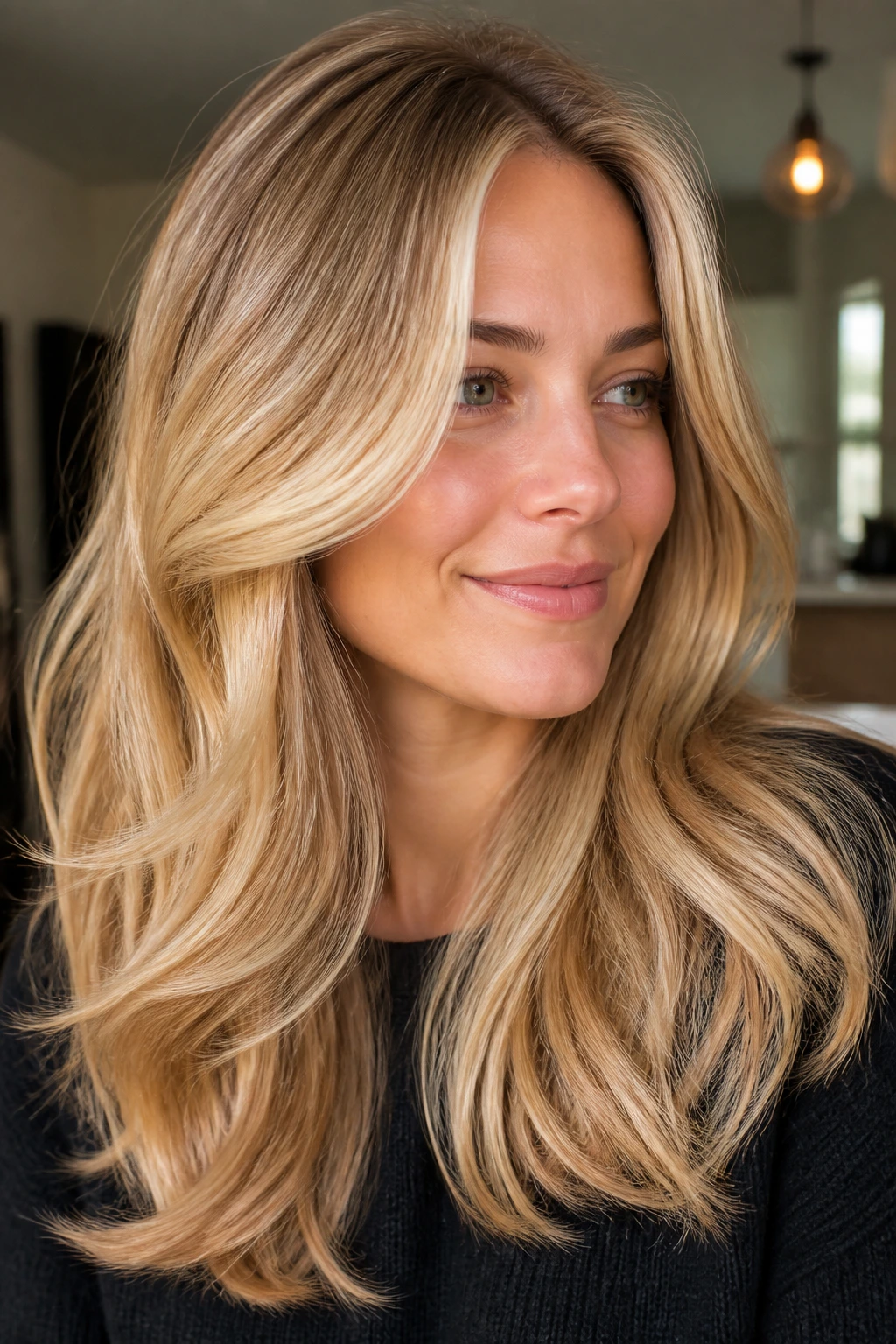 Close-up portrait of a real woman with Golden Latte Blonde hair in warm interior light.