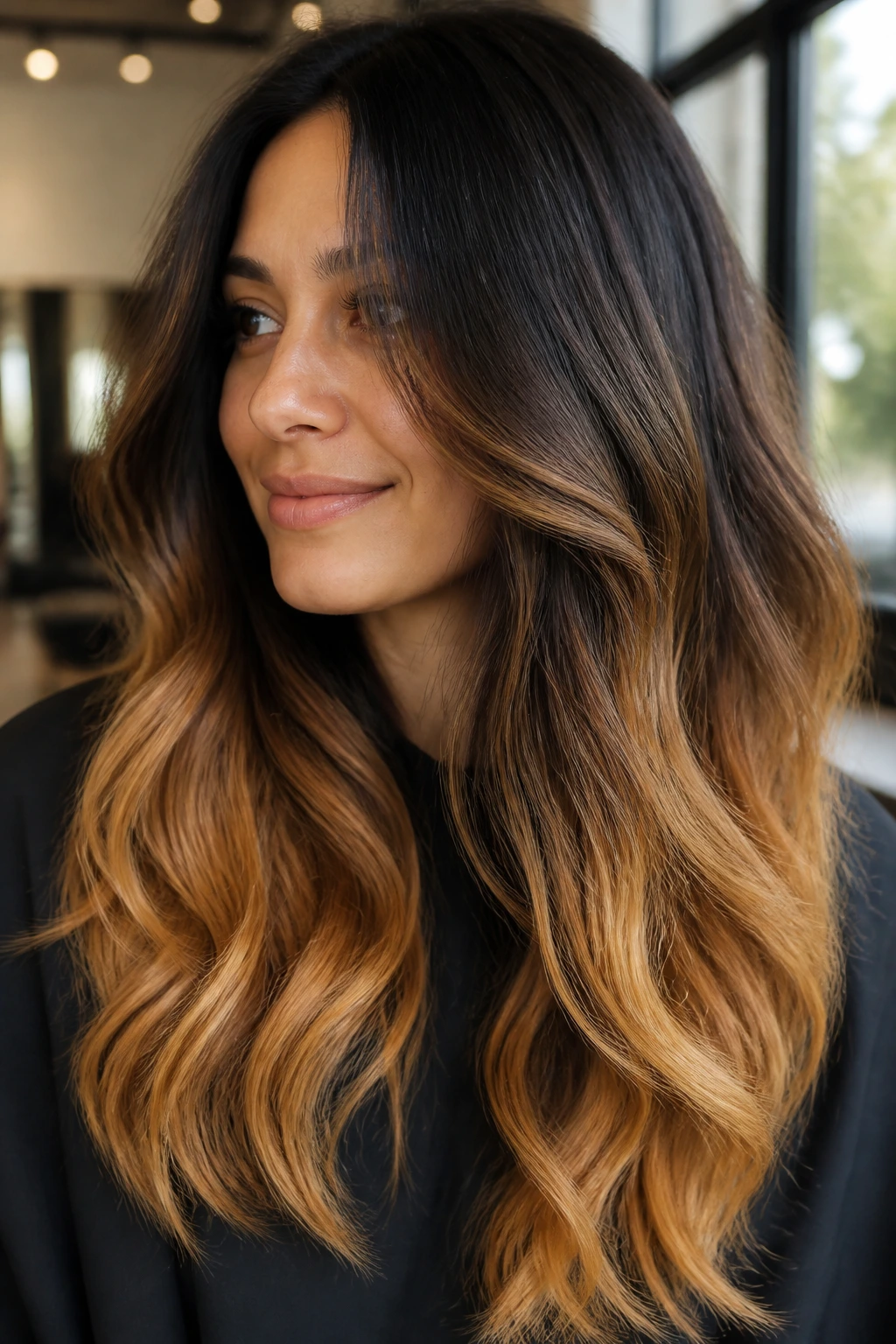 Close-up portrait of a real woman with dark roots and maple-gold ends in a balayage look
