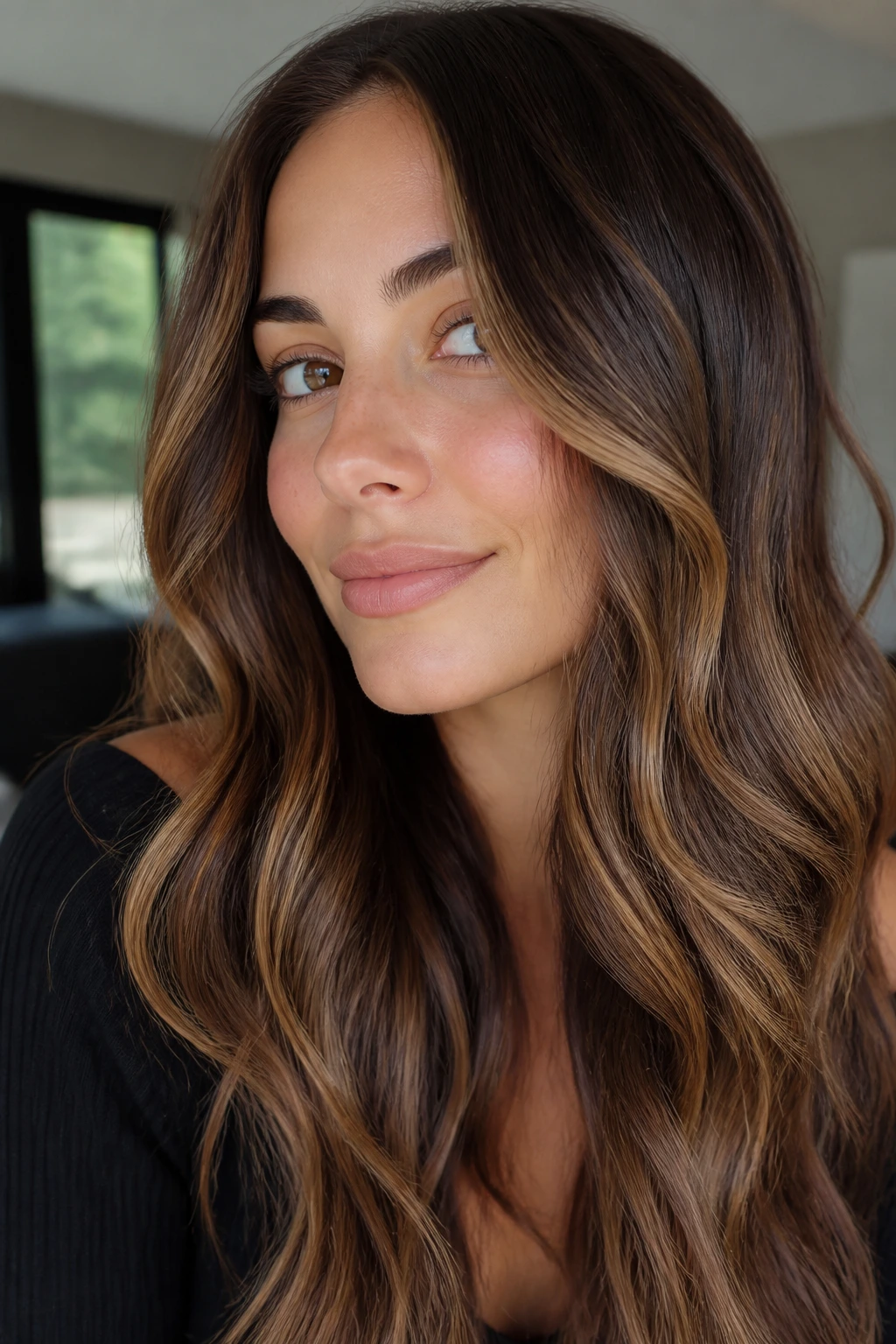 Real person with golden mocha balayage close-up portrait