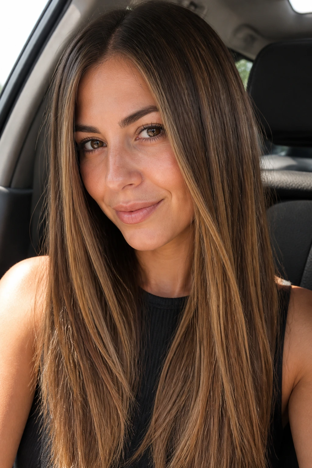 Close-up of a real woman with golden mocha balayage ribbons on straight hair in bright daylight.