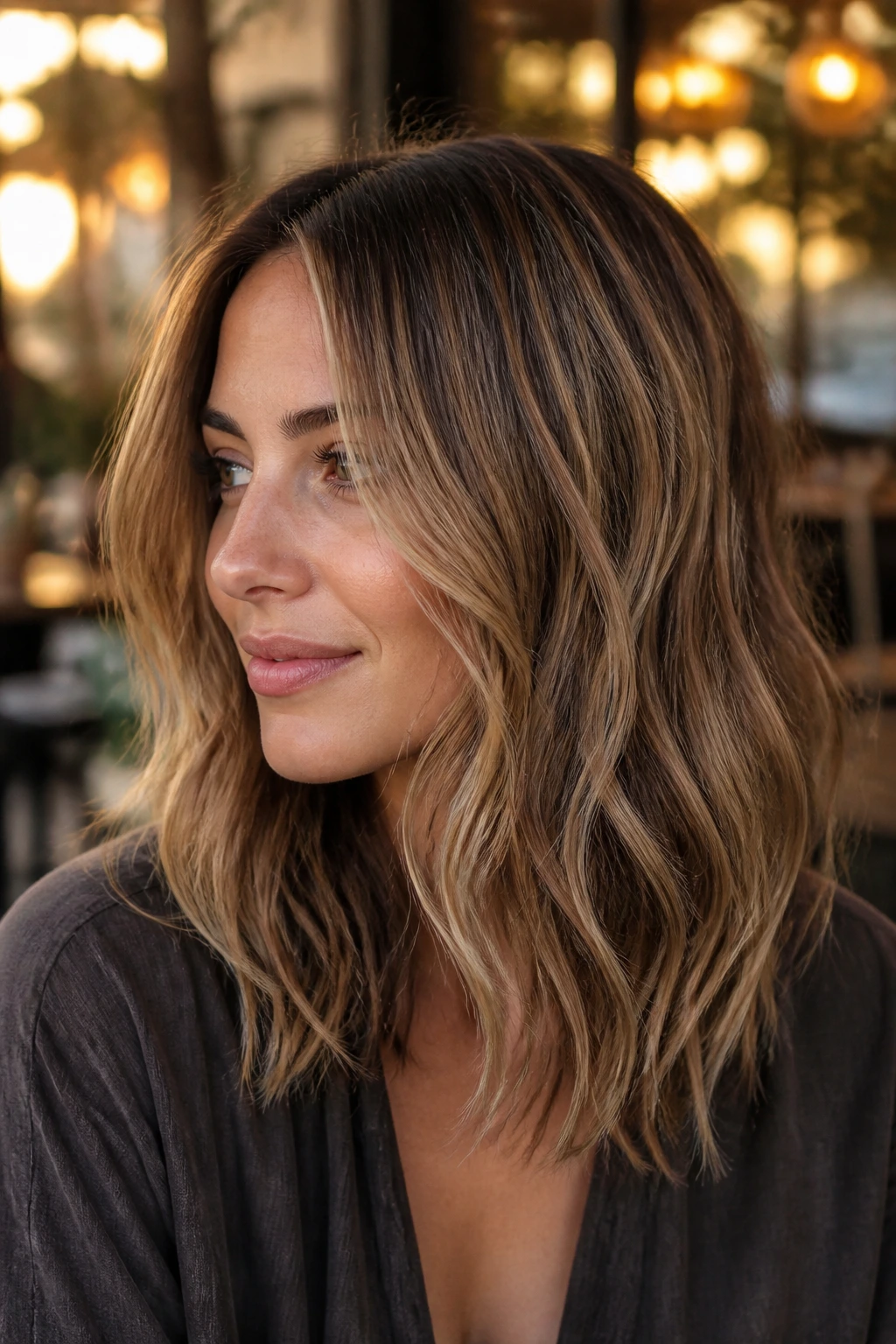 Real woman with golden oat scattered highlights in brunette hair