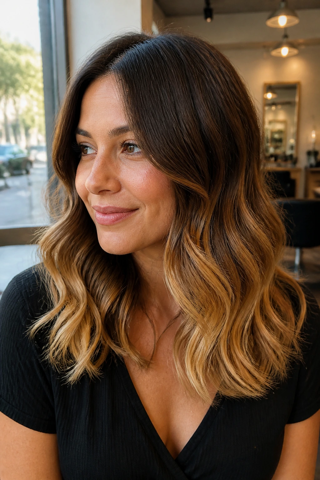 Close-up of chestnut-brown midlength hair with golden ombre ends on a real woman in natural window light