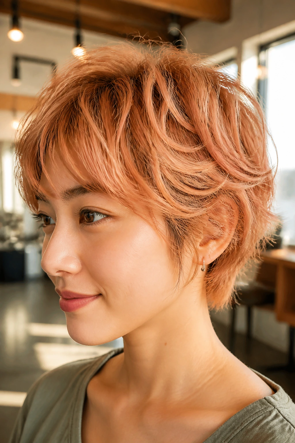 Close-up portrait of a real woman with short hair featuring a golden peach tint