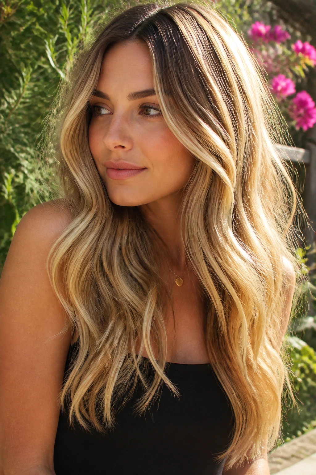 Real person with long hair featuring golden ribbon highlights outdoors.