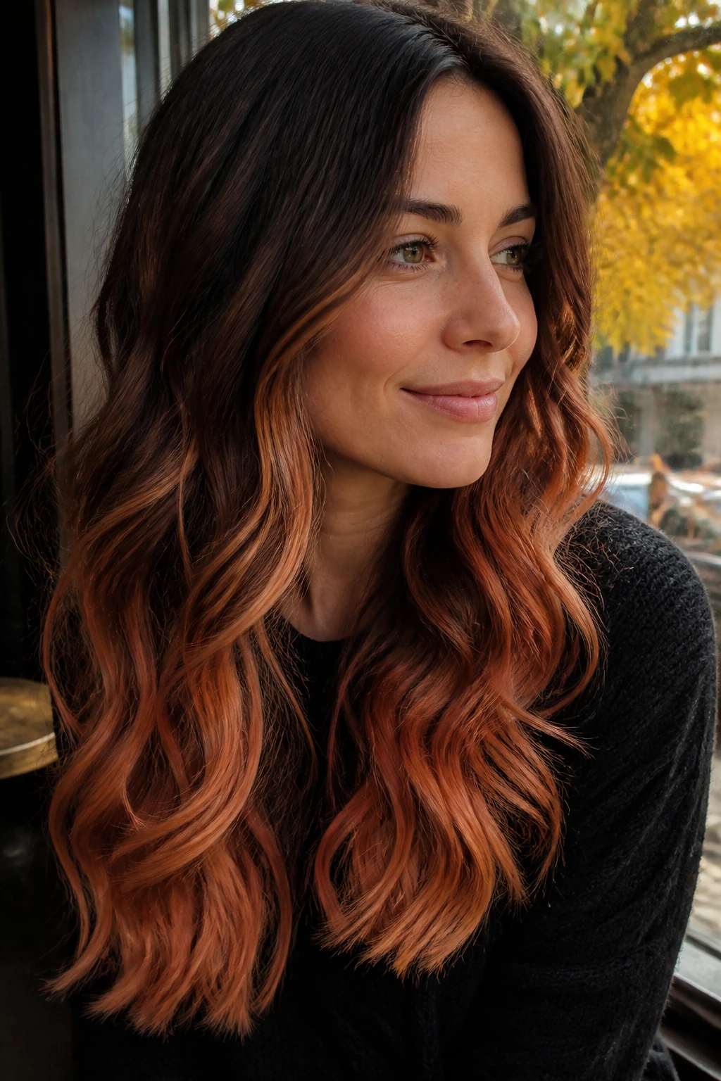 Close-up portrait of a real woman with golden rust balayage hair in a cafe setting