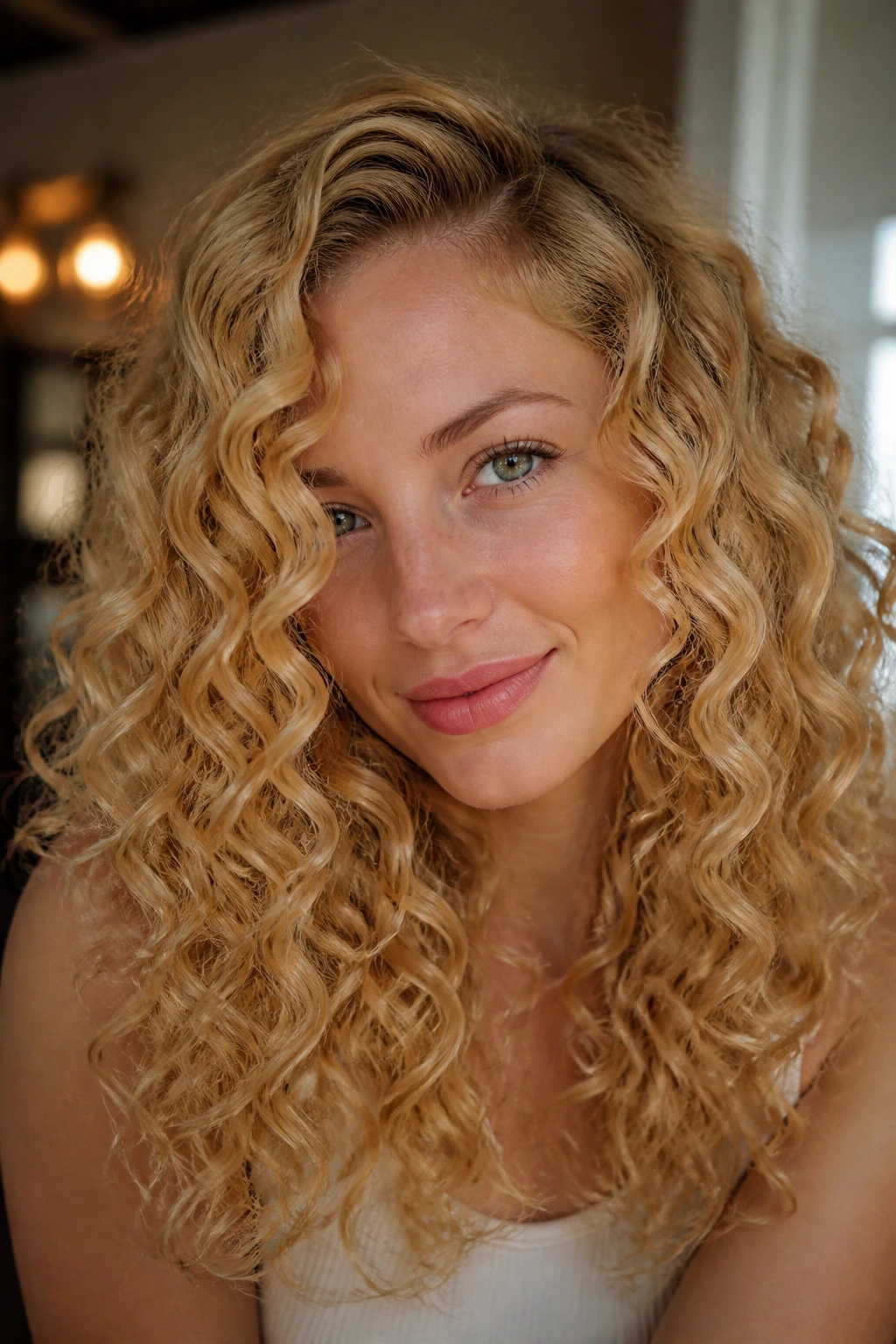 Portrait of a woman with golden silk curls in warm light