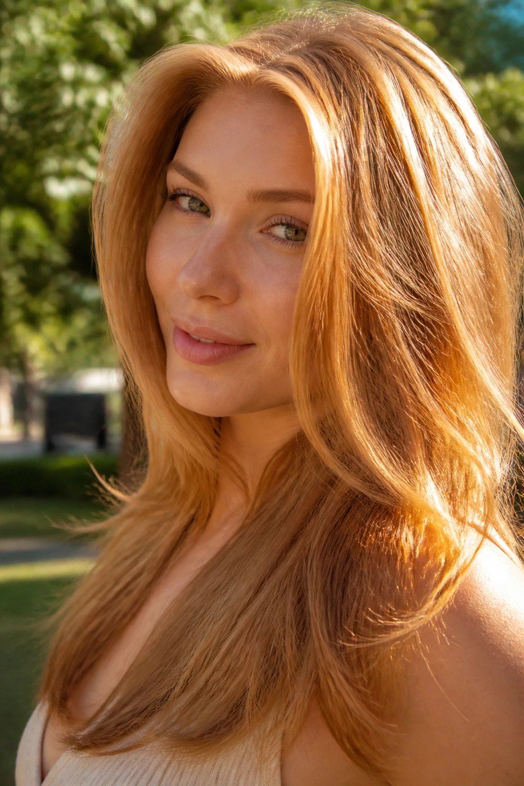 Close-up of a real woman with a golden strawberry blowout in sunshine