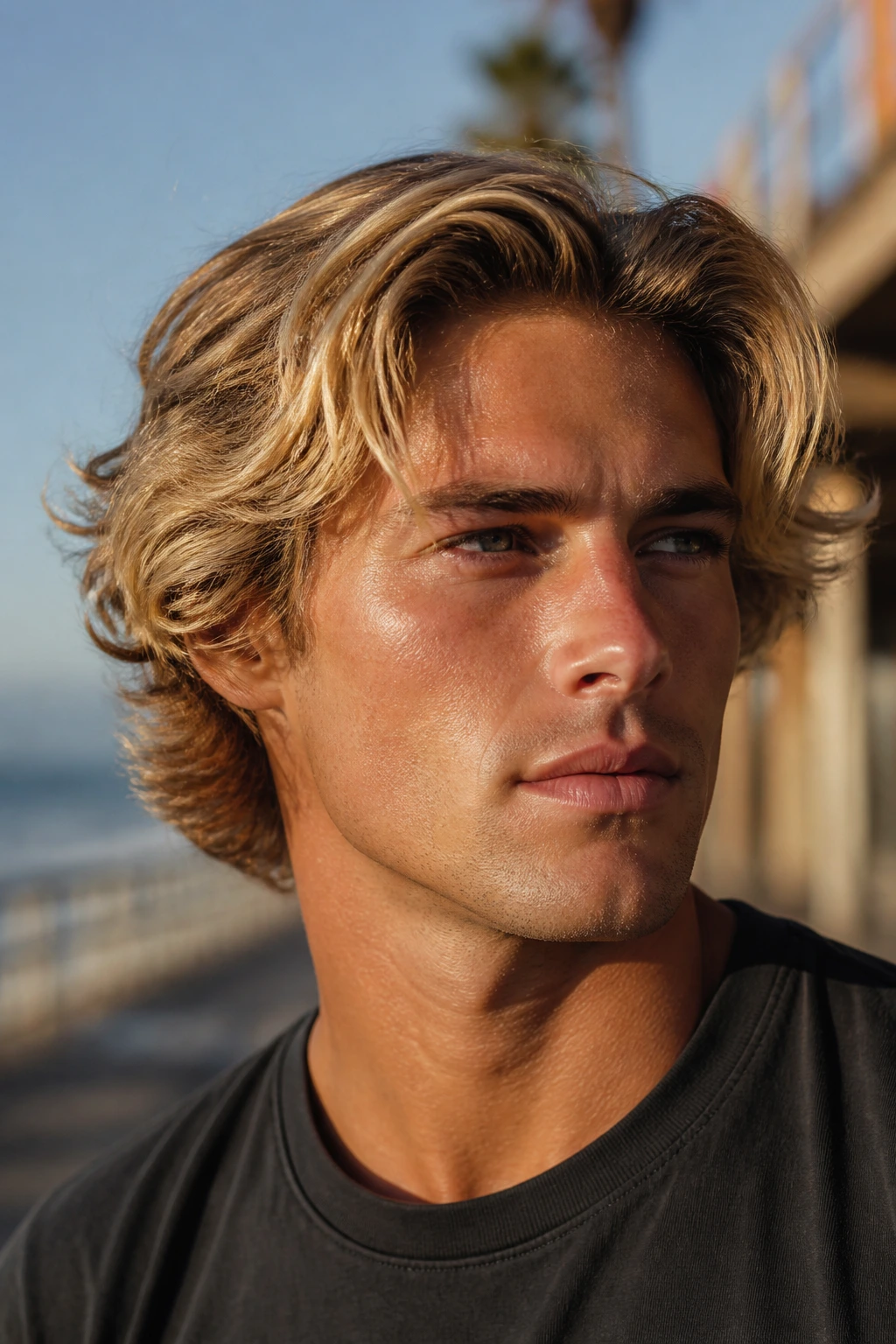 Close-up portrait of a man with golden blonde surfer waves