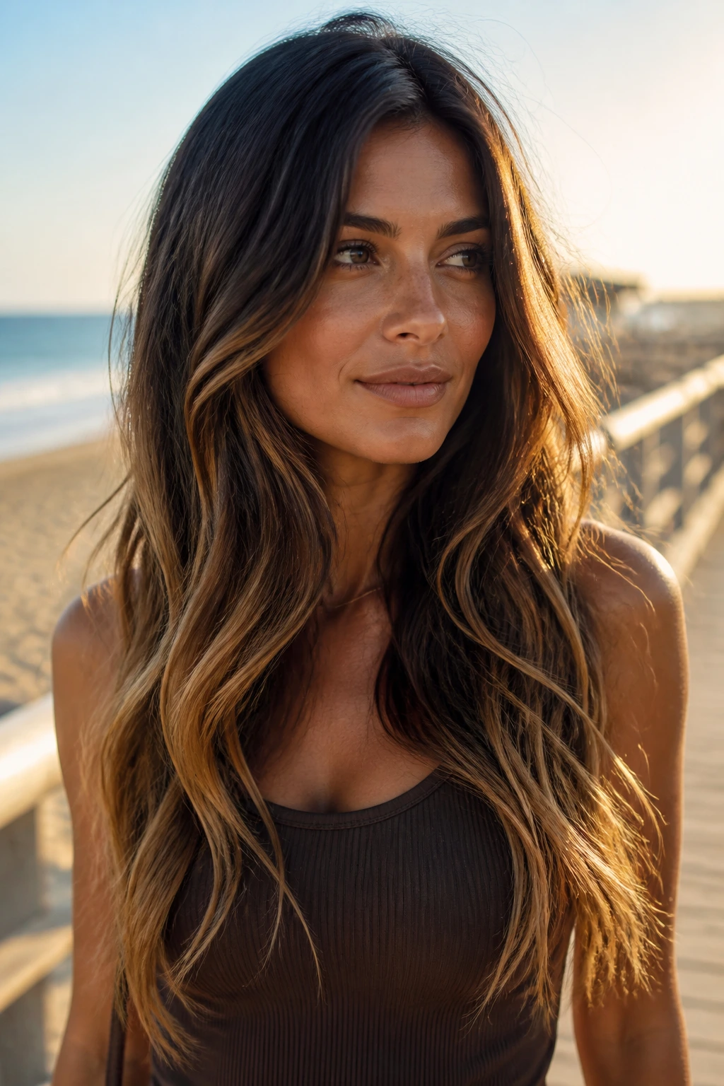 Close-up of a real woman with golden toasted ends in sunny golden hour light