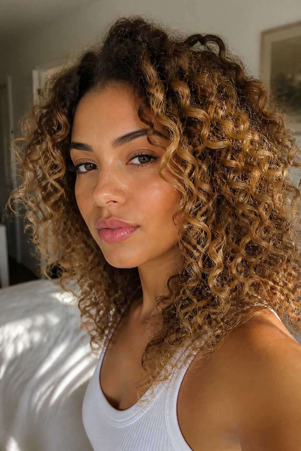 Close-up portrait of curls with golden toffee curl-paint highlights
