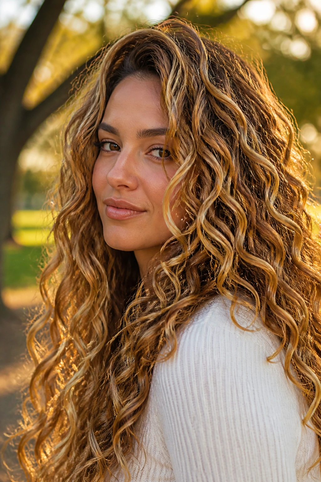 Close-up portrait of a real woman with golden toffee dimension long curls in sunlight