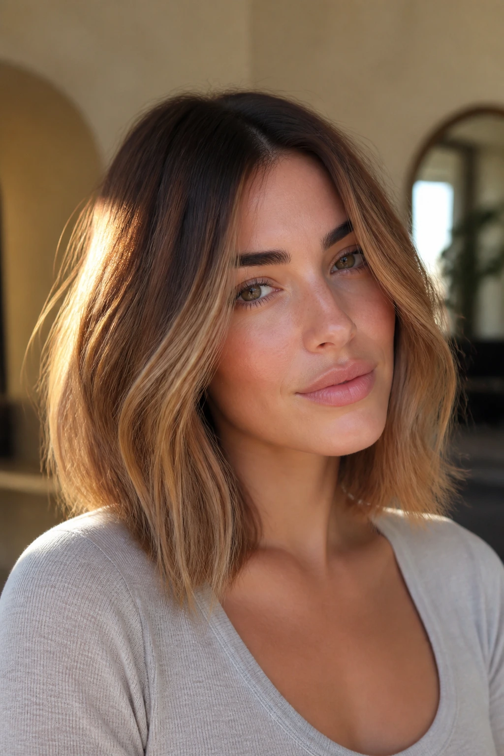 Close-up of a real woman with golden-toffee hair on a medium-length lob in a sunlit room