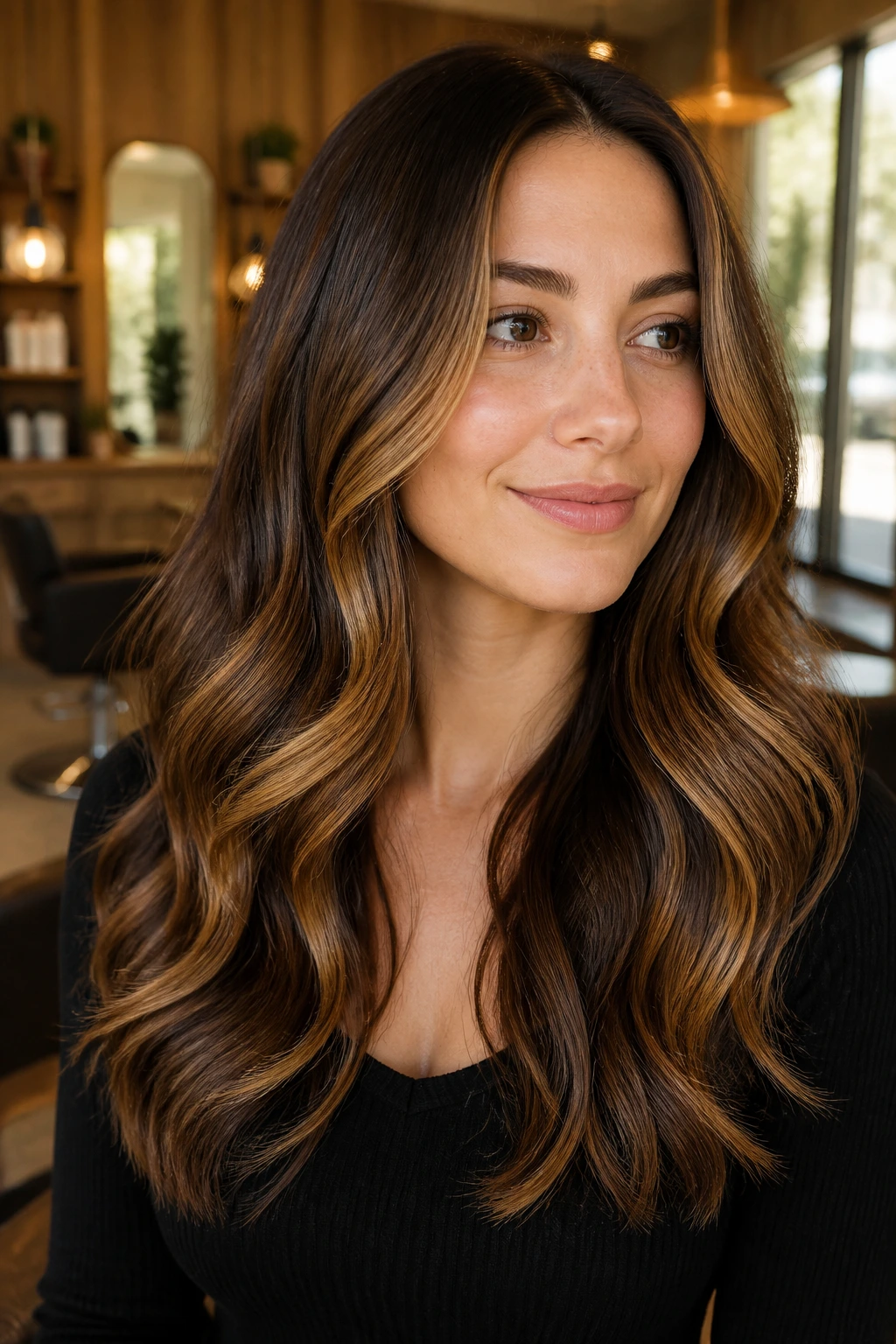 Close-up of a real woman's hair with golden walnut balayage and subtle gold ribbons in soft waves.