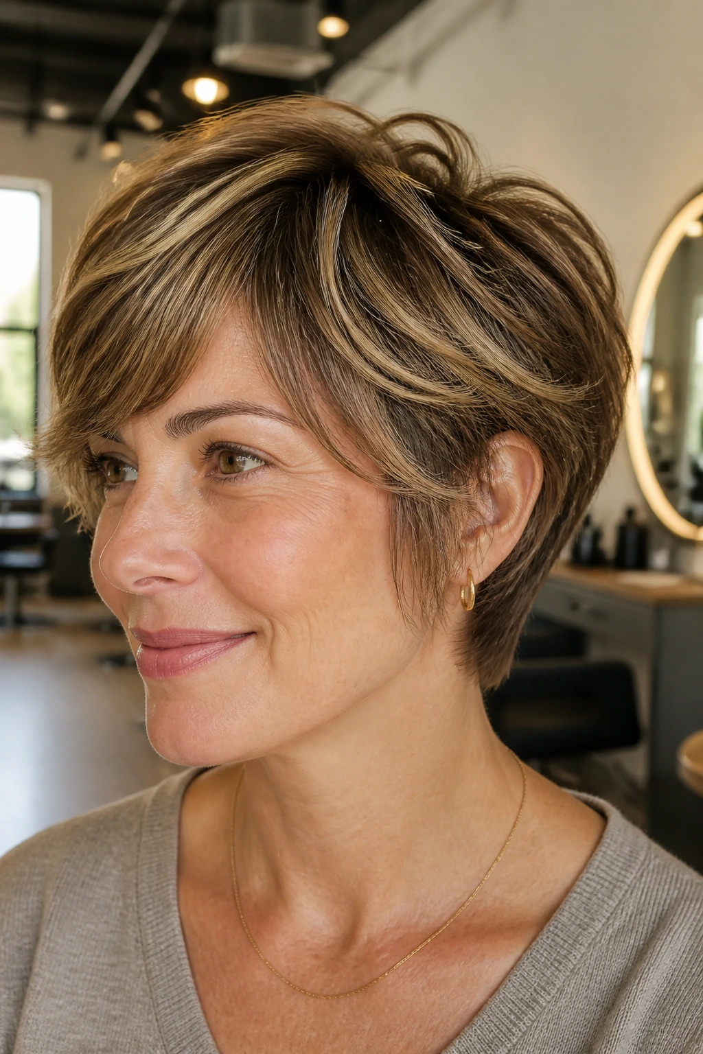 Close-up portrait of a real person with golden walnut bixie haircut
