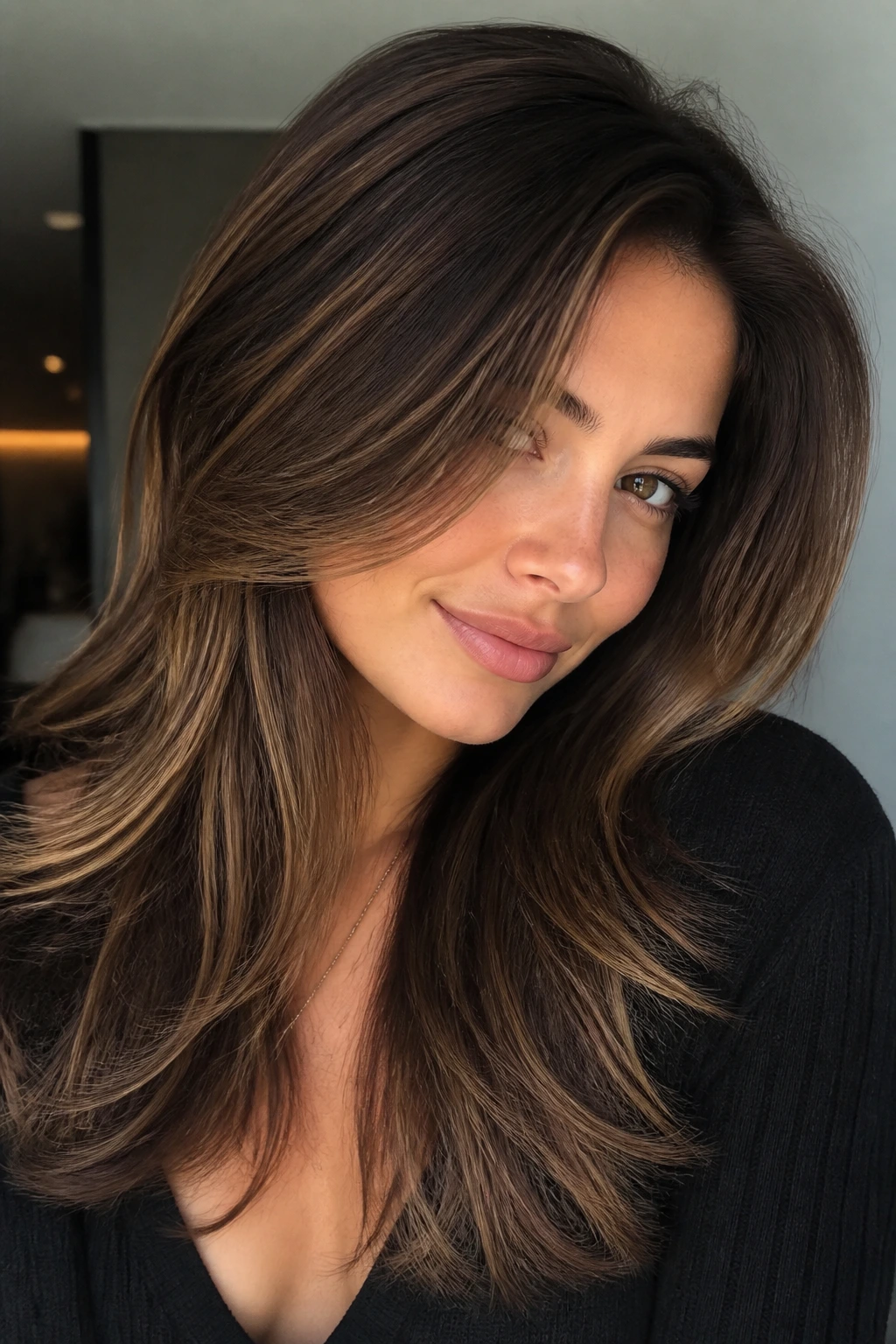 Close-up portrait of a real woman with warm walnut hair and soft gold reflections.