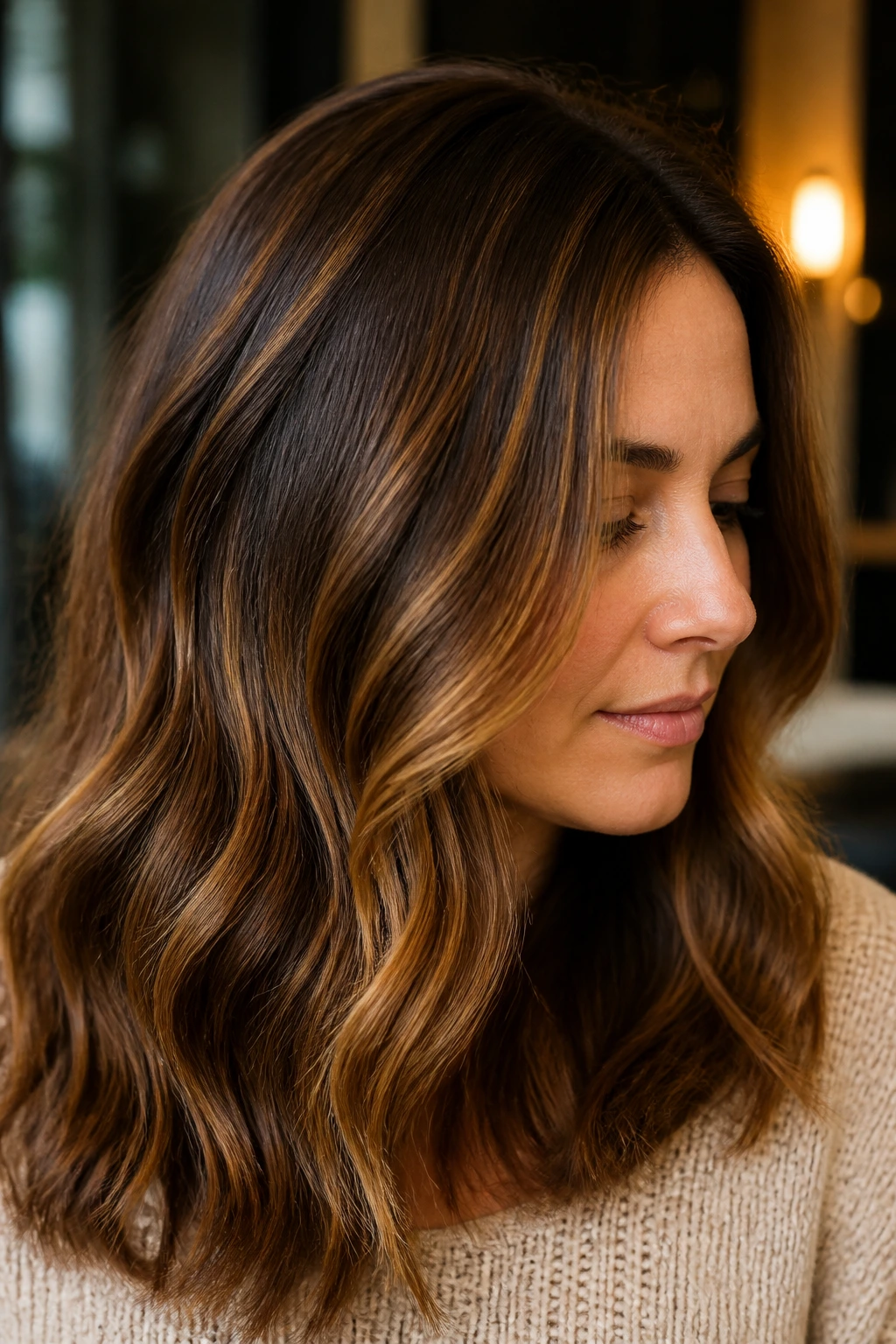 Brunette hair with golden walnut ribbons and warm lighting