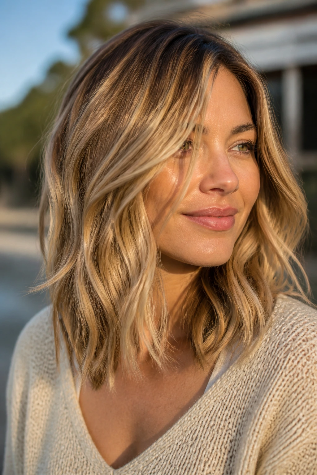 Woman with golden wheat balayage on mid-length layered hair catching sunlight
