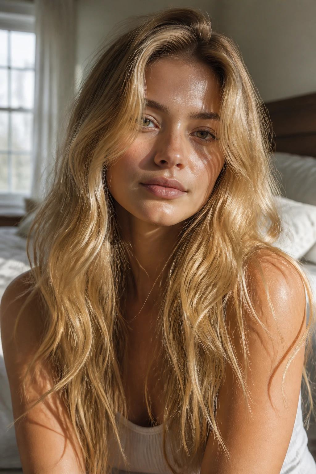 Close-up of a real woman with Golden Wheat Blonde long hair in warm daylight