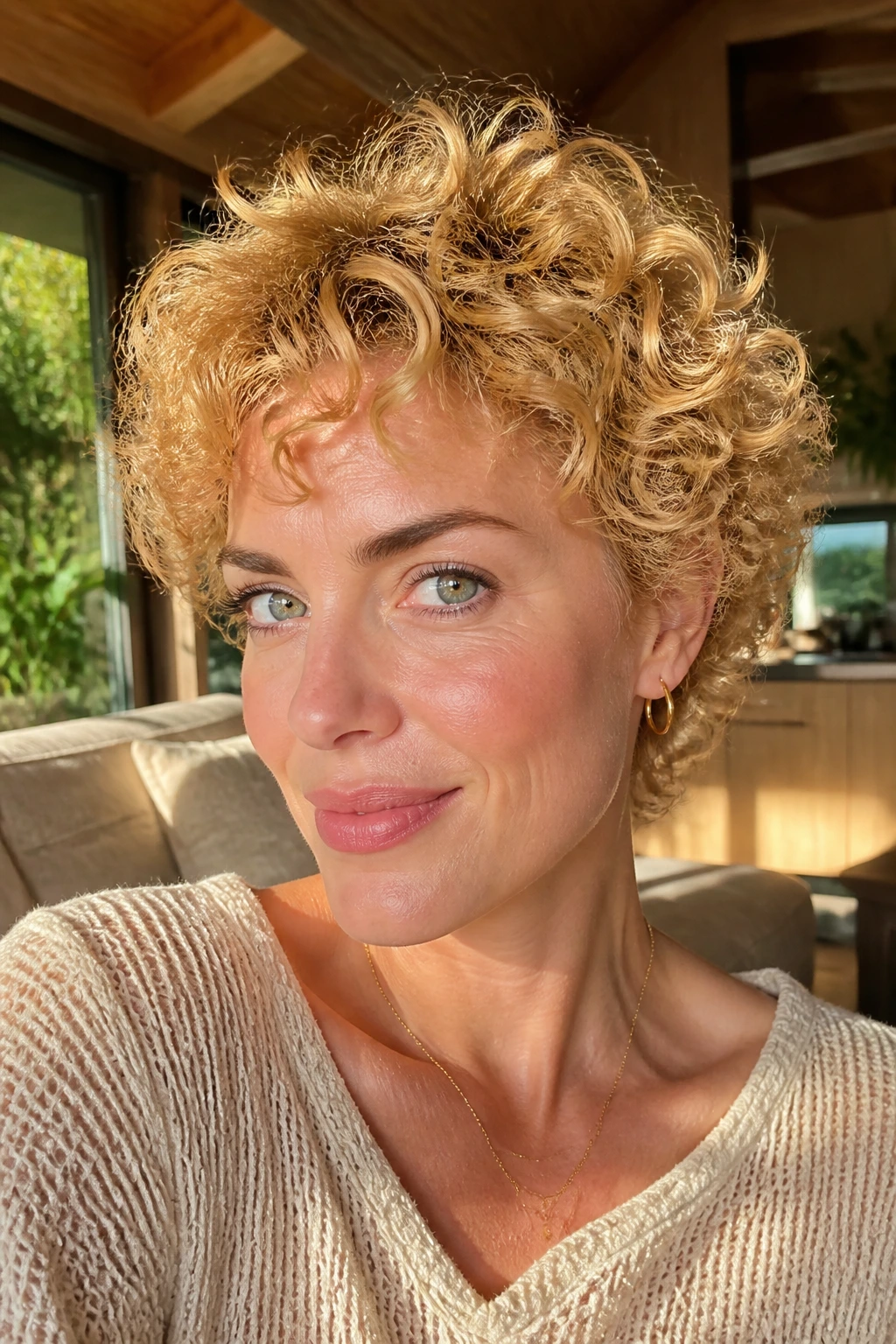 Close-up of a real woman with golden wheat curly crop, curls highlighted in warm sun.
