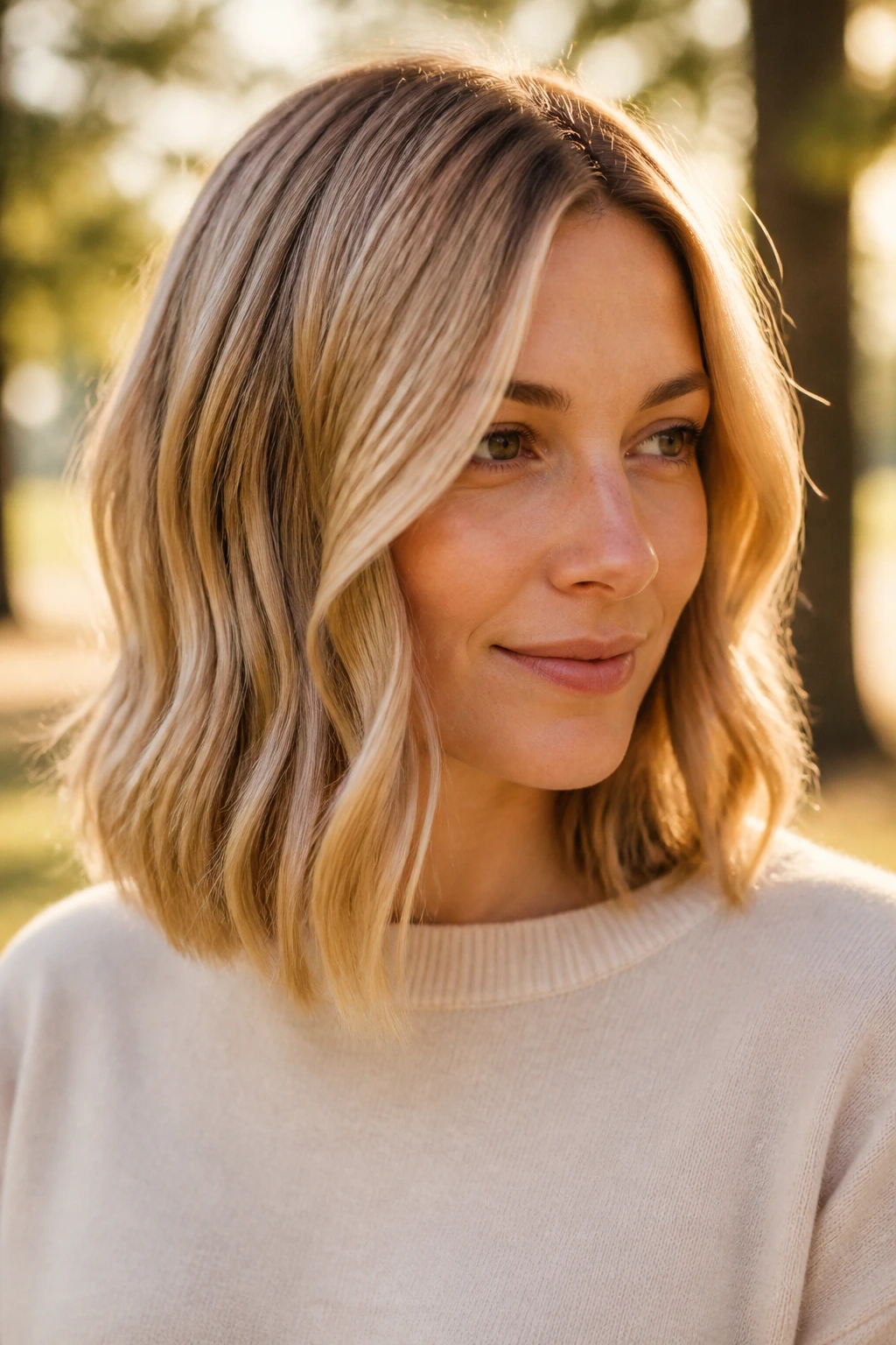 Close-up of a real woman with golden wheat long bob and subtle ribbon highlights