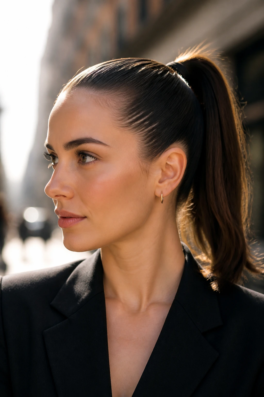 Portrait of a woman with a well-executed sleek ponytail in natural light.