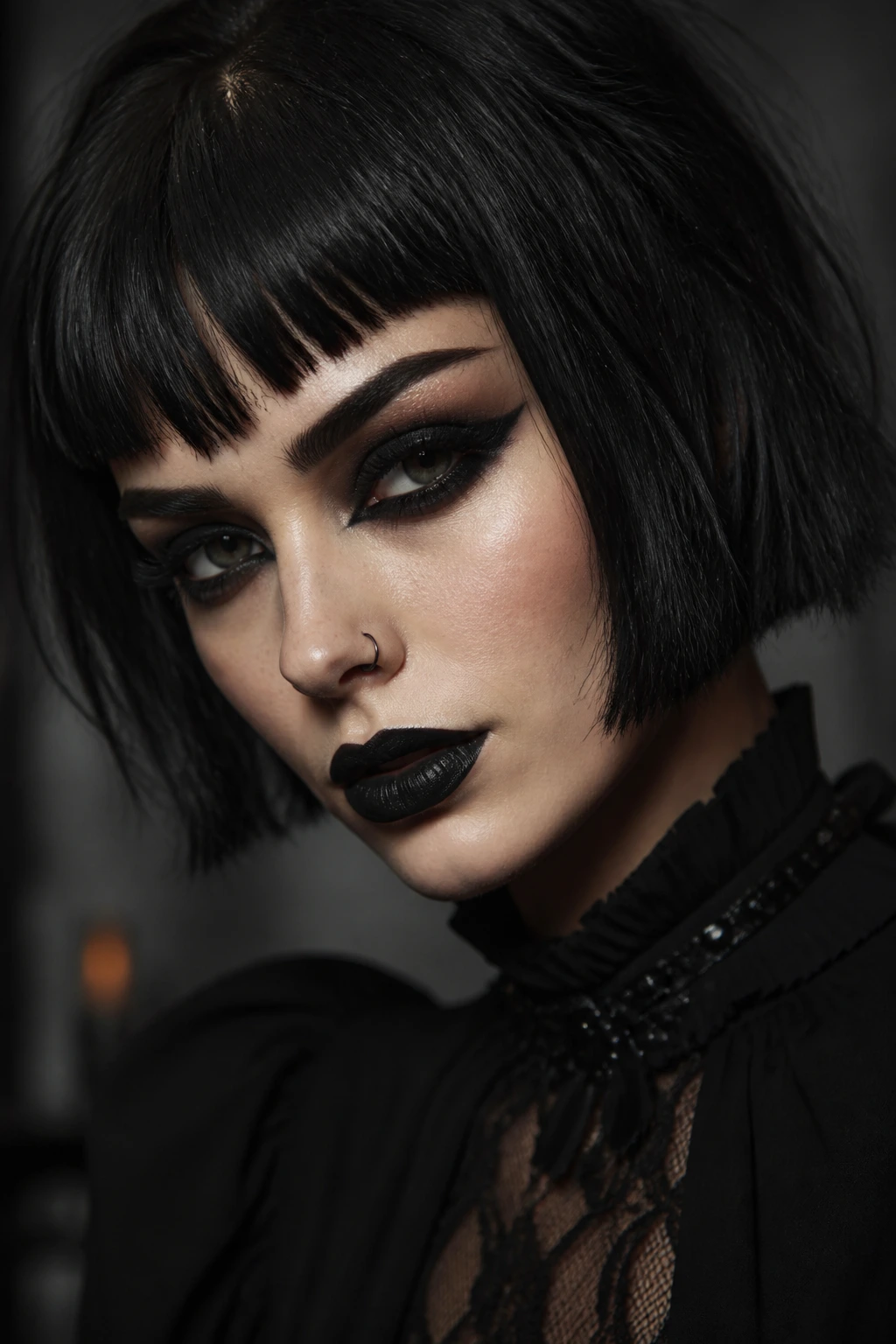 Gothic makeup and bold bangs portrait with moody lighting