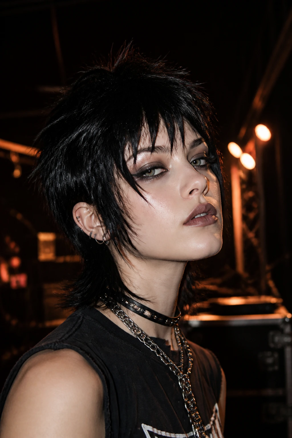 Close up of real person with goth black wolf cut under moody stage lighting
