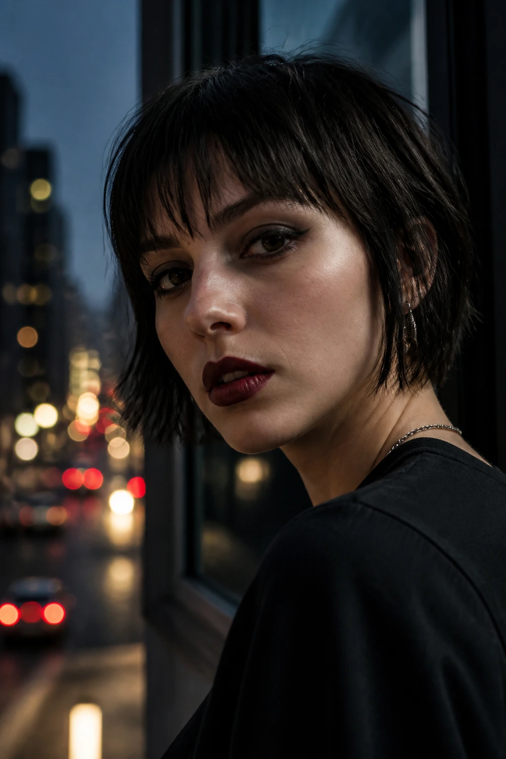 Close-up portrait of a real woman with a soft gothic fringe on a short goth cut in moody lighting