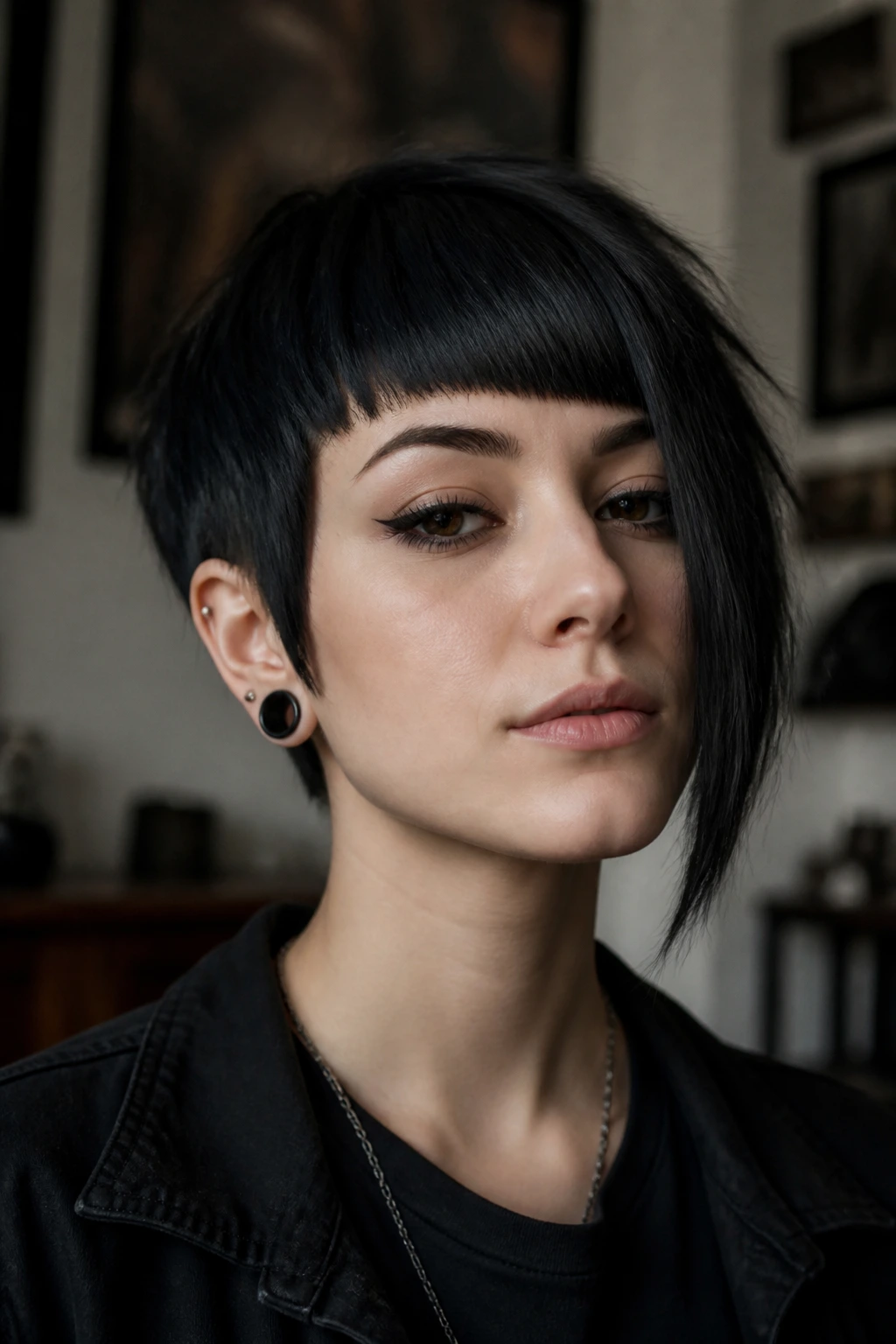 Portrait of a real person with goth fringe showing side-swept variation and asymmetry.