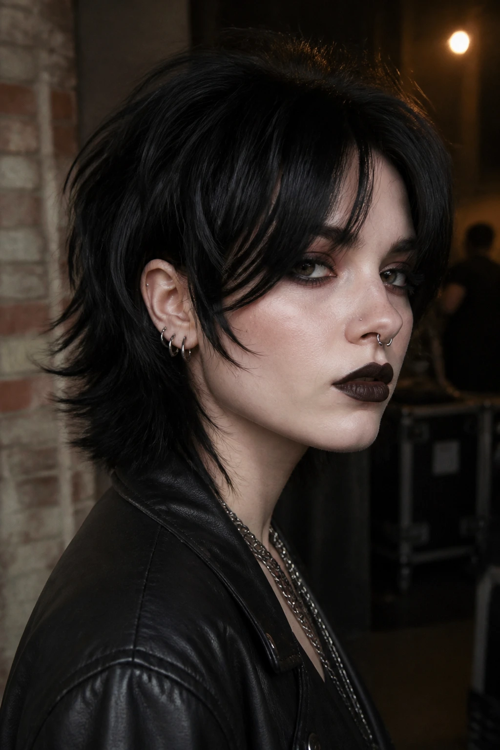 Close-up of a person with a short goth mullet and curtain bangs in a moody backstage area