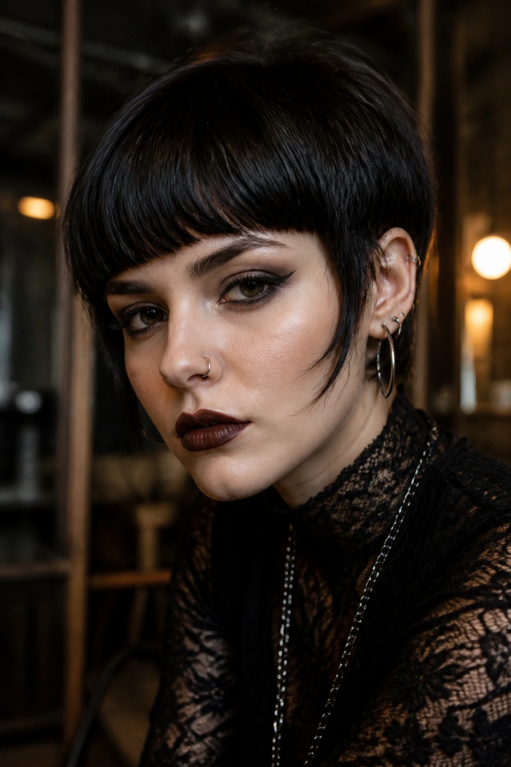 Close-up of a real person with Gothic bowl-bang remix on goth hair