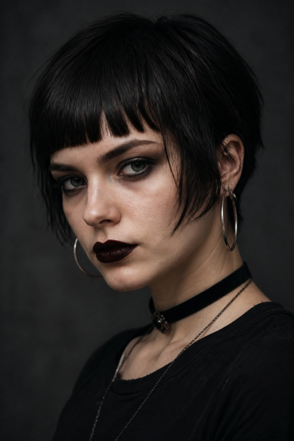 Close-up portrait of a woman with Gothic short hair and bold bangs in moody lighting