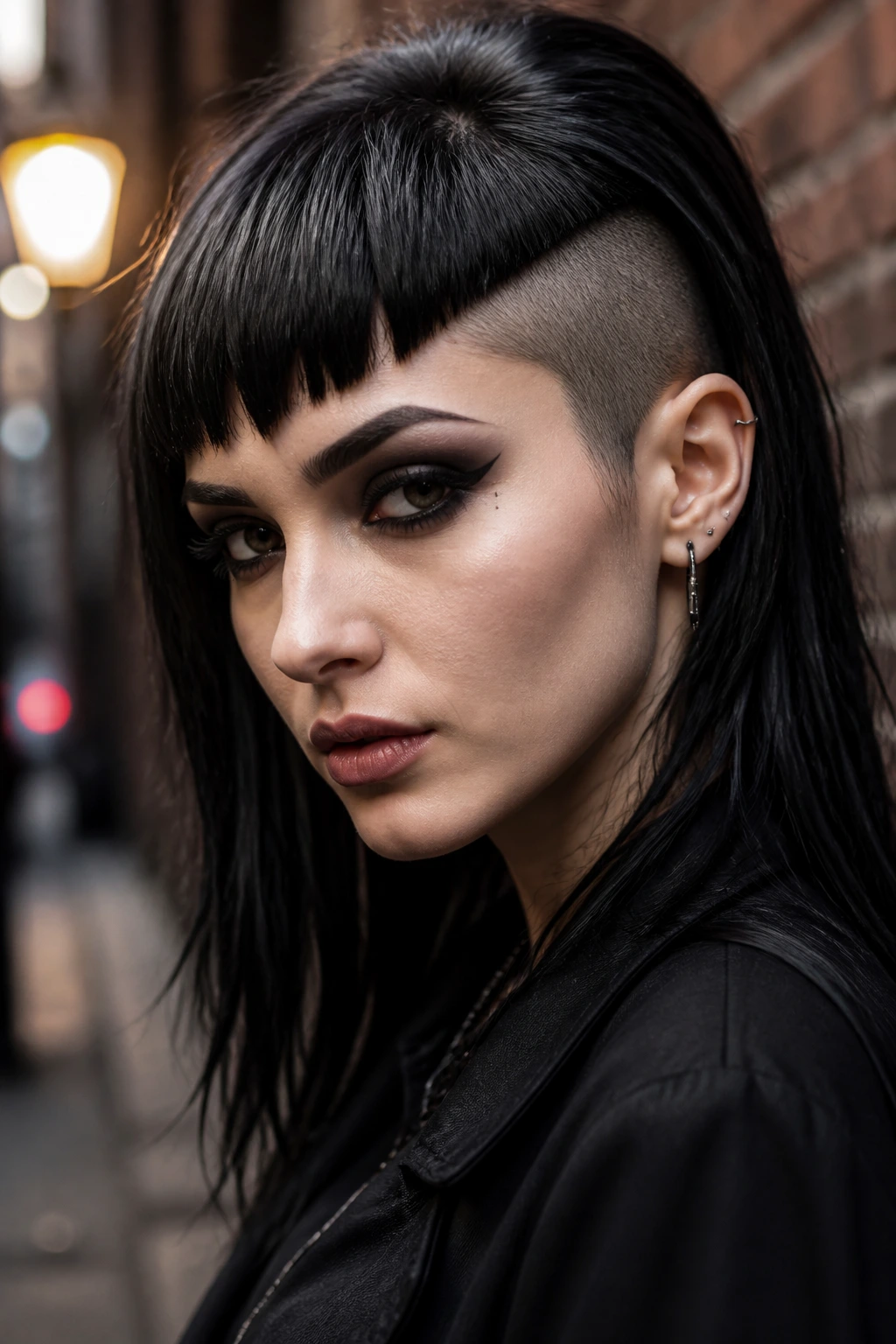 Gothic black undercut with blunt razor fringe on a real person at night outdoors