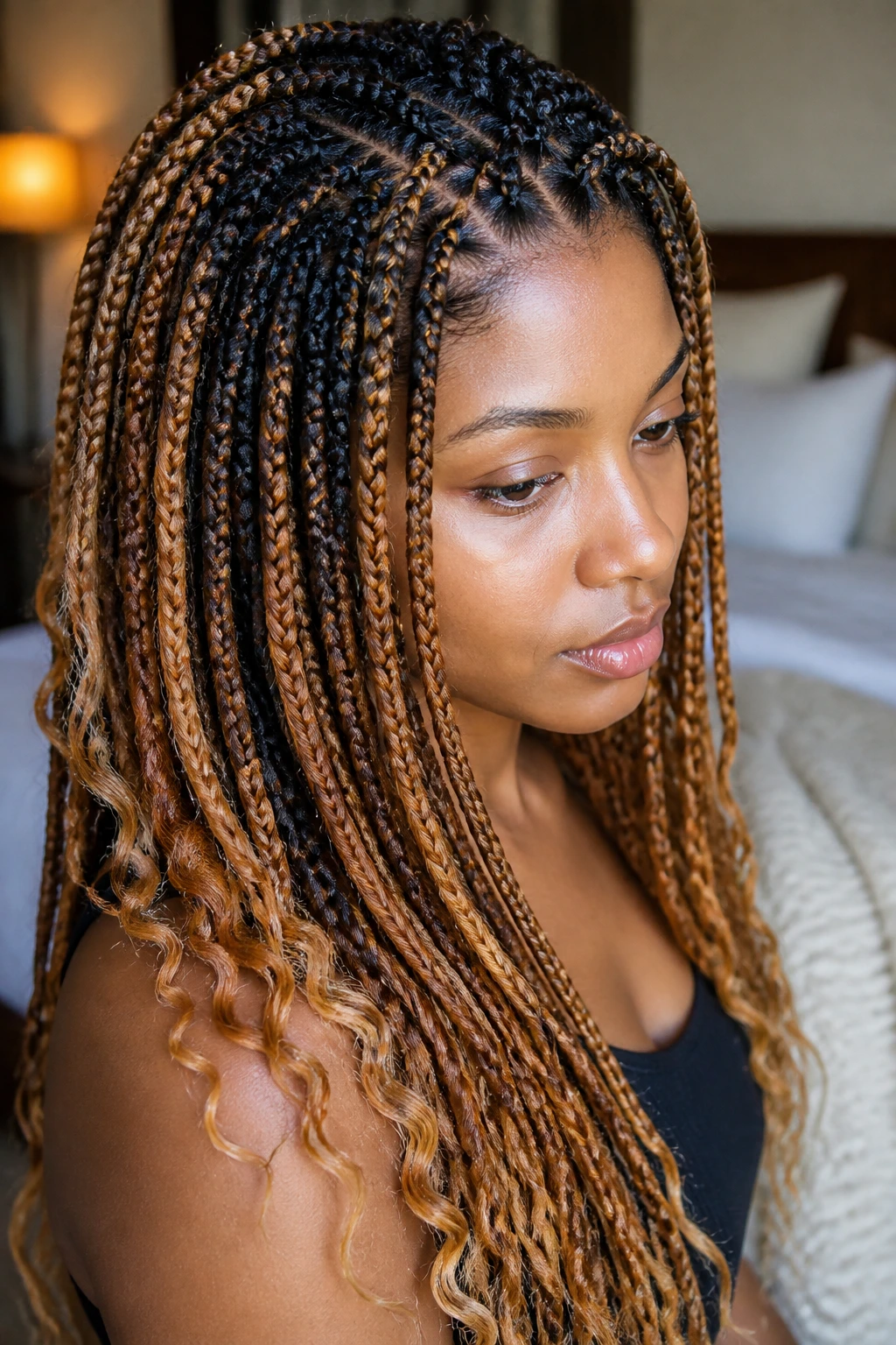 Close-up of knotless braids with gradient highlights on a real person