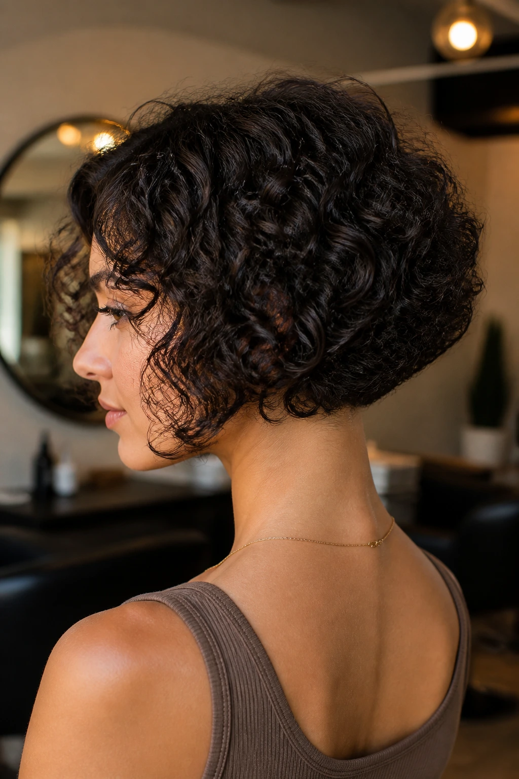 Close-up of a real woman with a stacked-back graduated bob for 3A curls.