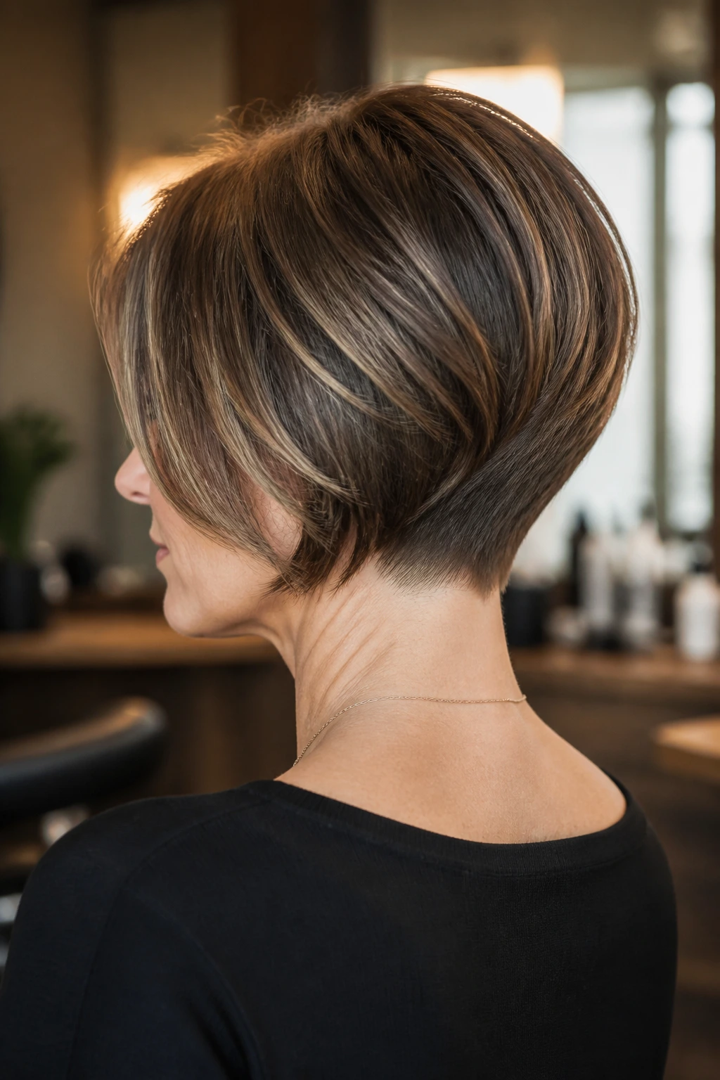 Close-up portrait of a woman with a stacked-back graduated bob, nape layers visible