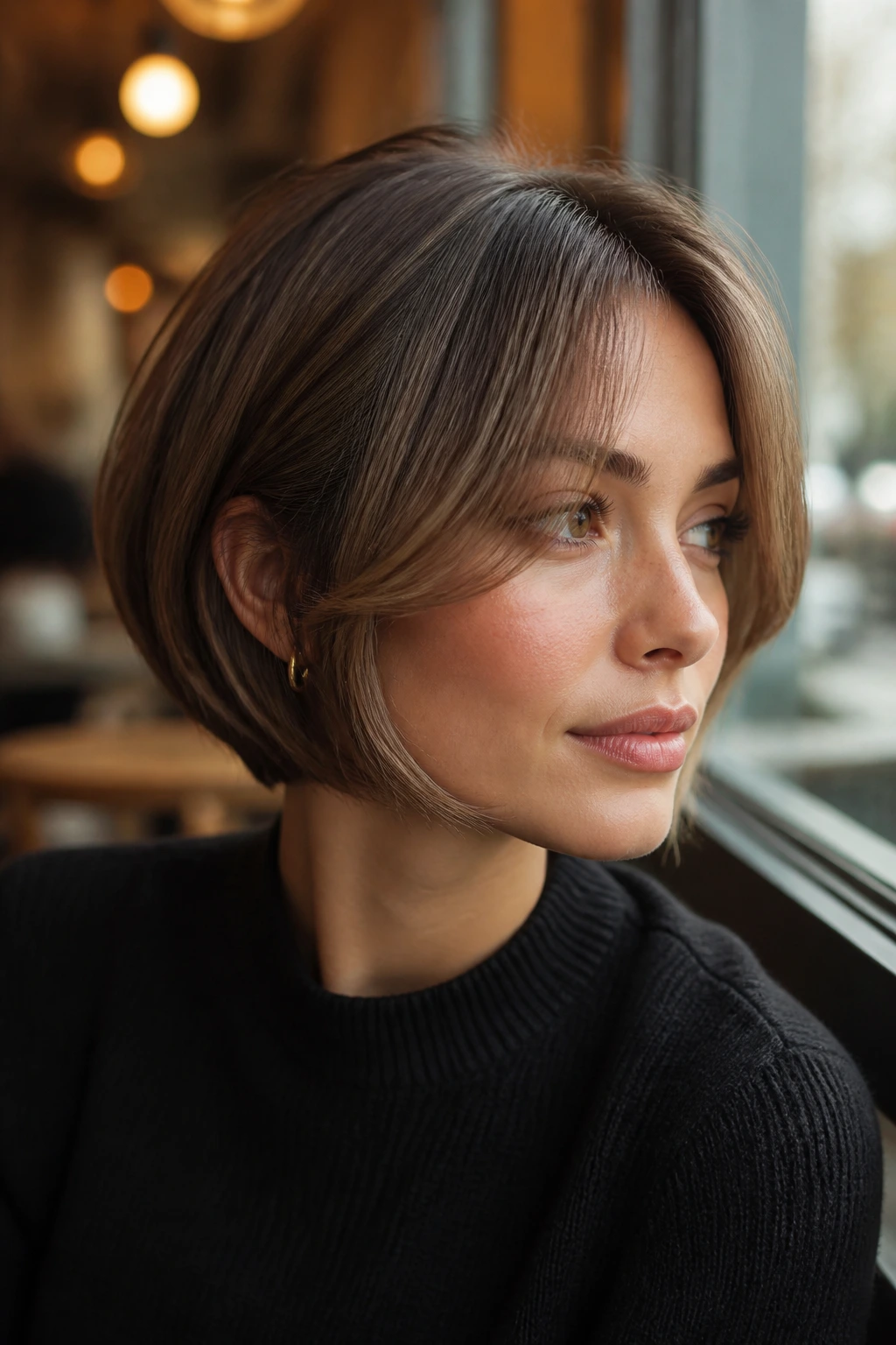 Portrait of a person with a graduated bob and cheekbone-kissing curtain bangs by a cafe window